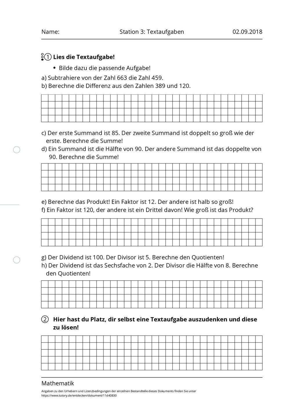Arbeitsblatt Station 3 Textaufgaben Mathematik Grundschule