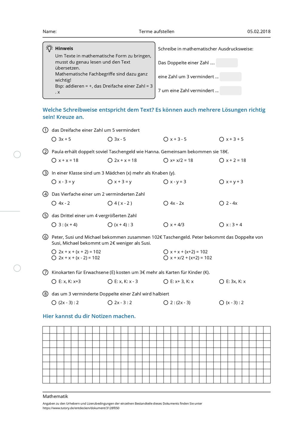 Arbeitsblatt - Terme aufstellen - Mathematik - Berufsbildungsreife