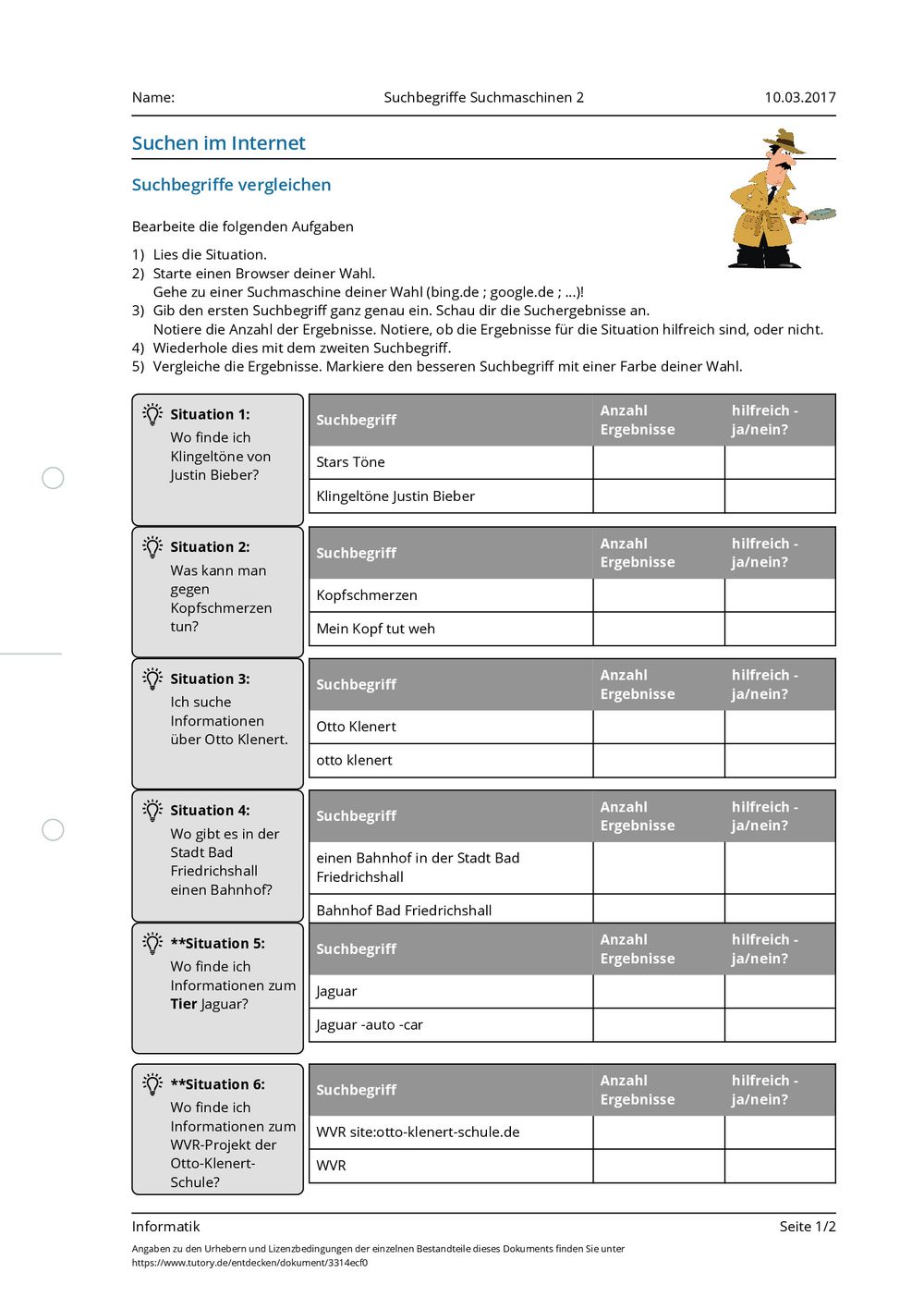 Arbeitsblatt - Suchbegriffe Suchmaschinen 2 - Informatik - Mittlere ...