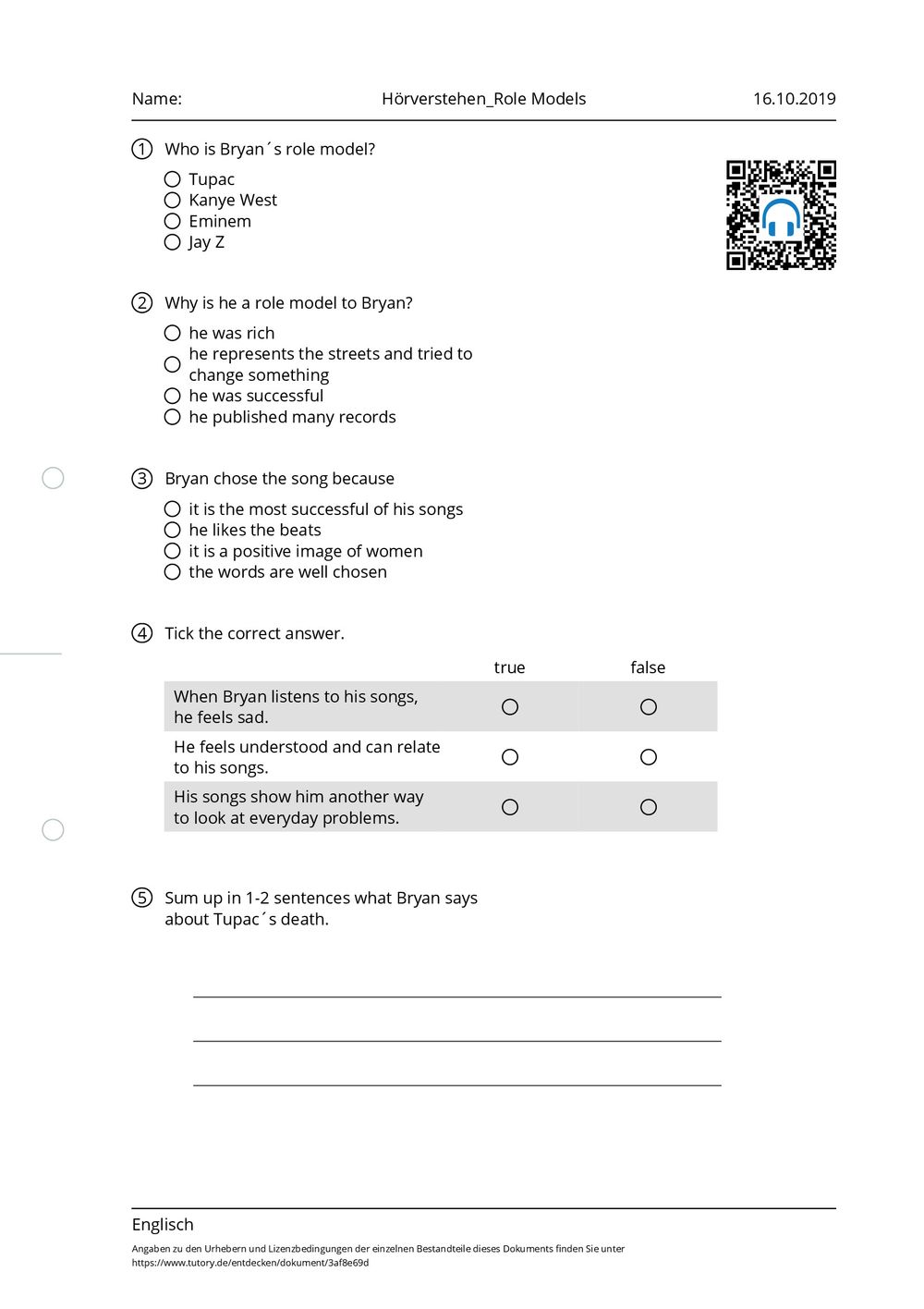 Arbeitsblatt - Hörverstehen_Role Models - Englisch - tutory.de