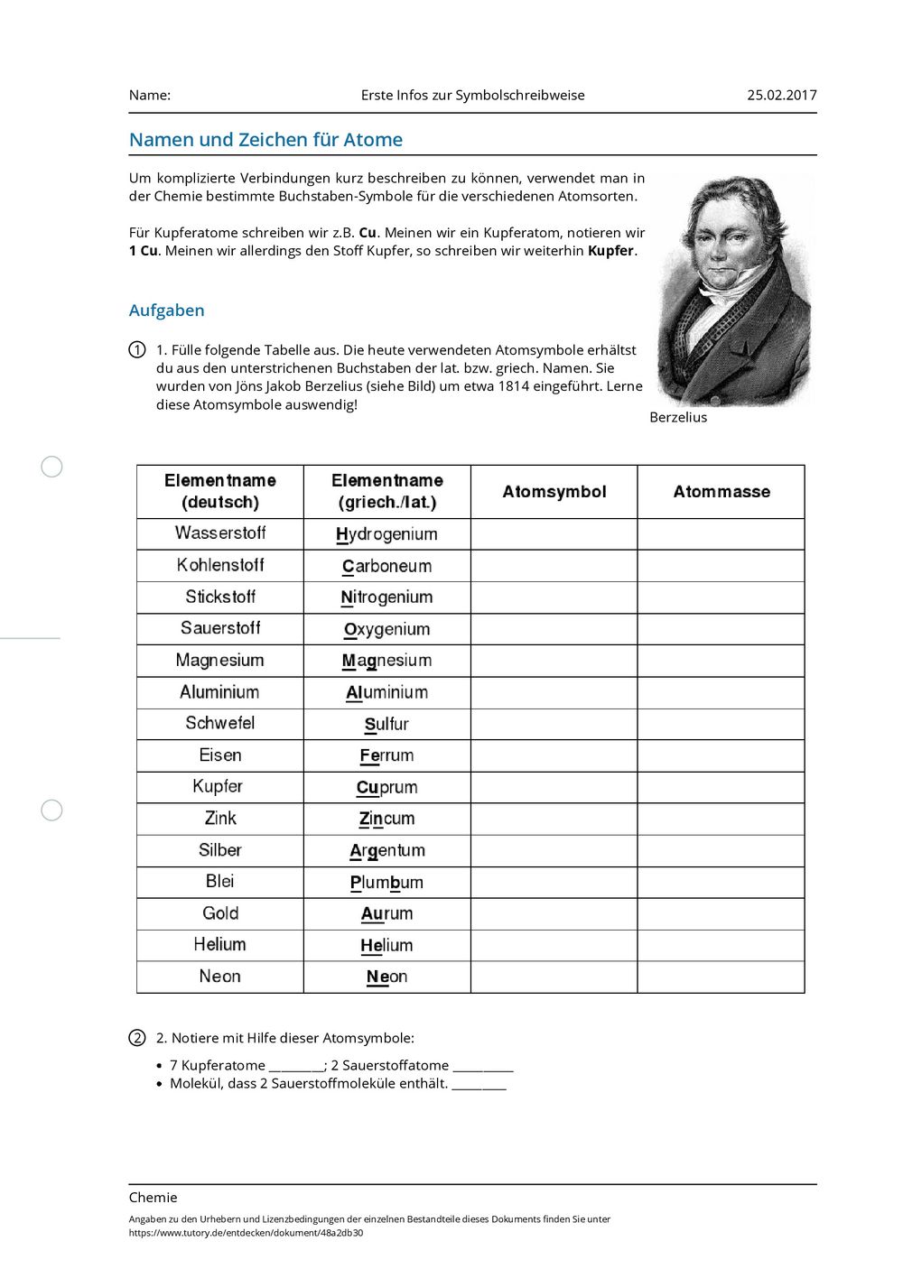 Arbeitsblatt Erste Infos zur Symbolschreibweise Chemie Arbeitsblatt Erste Infos zur Symbolschreibweise Chemie