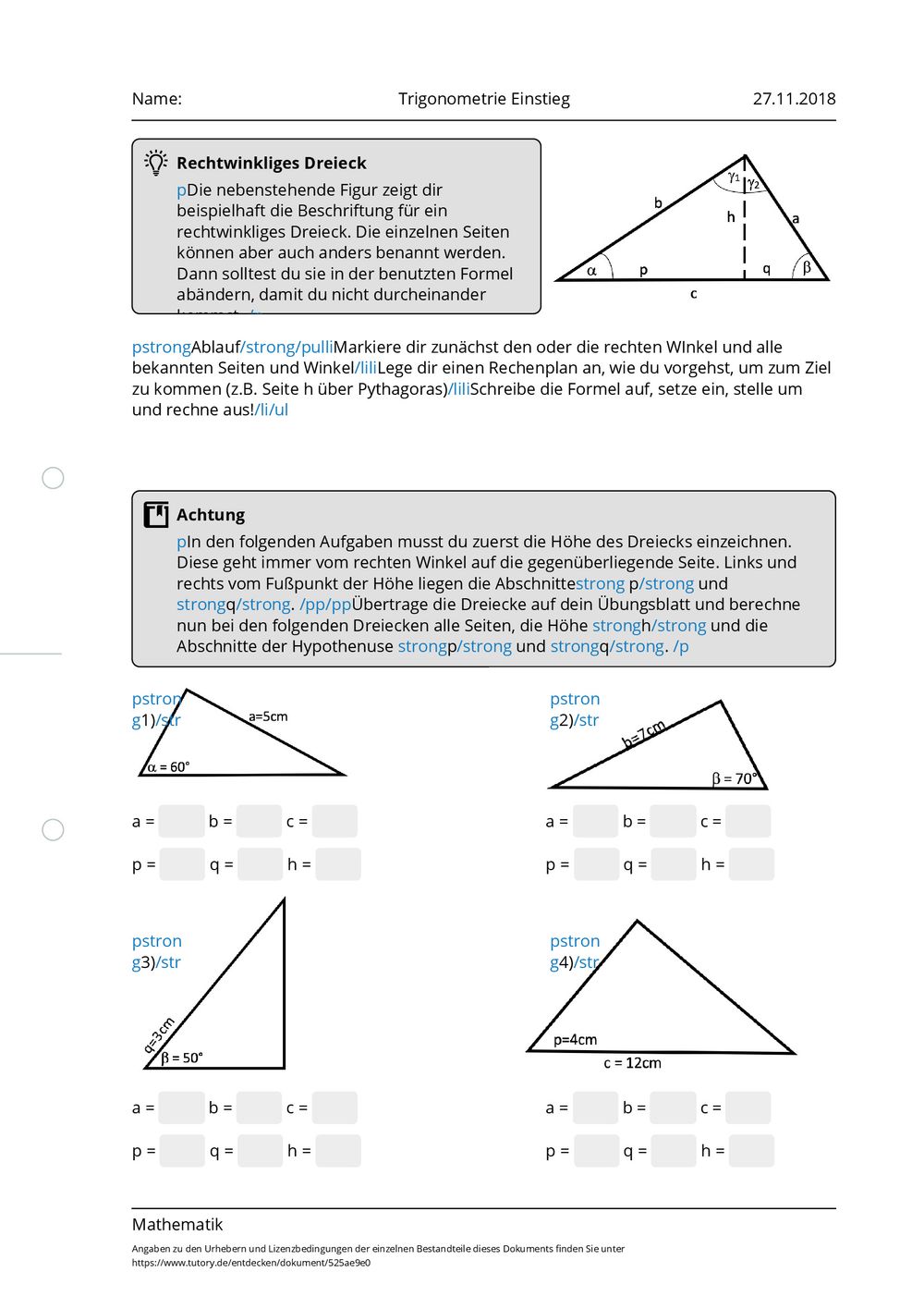 Arbeitsblatt Trigonometrie Einstieg Mathematik tutory.de