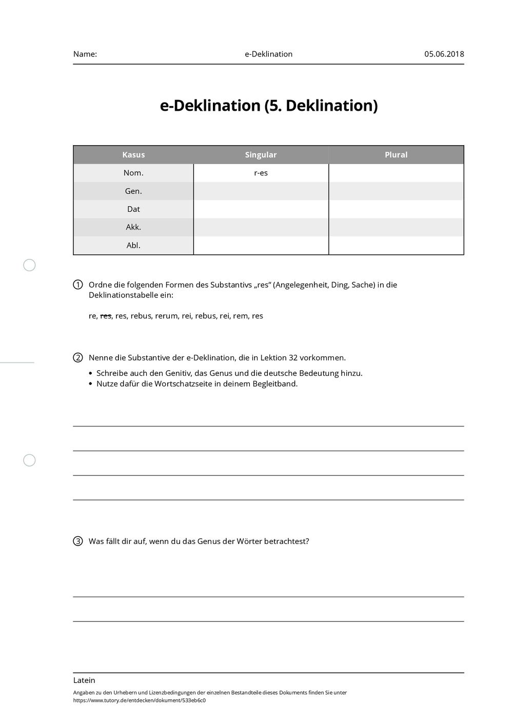 Arbeitsblatt - e-Deklination - Latein - Allgemeine Hochschulreife