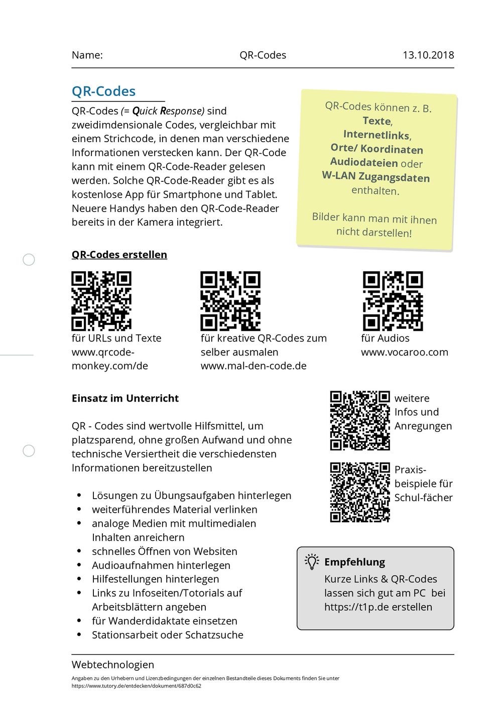 Arbeitsblatt - QR-Codes - Webtechnologien - tutory.de
