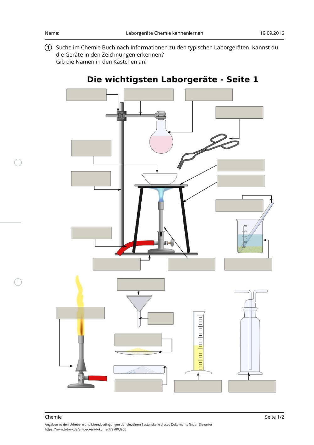 Arbeitsblatt - Laborgeräte Chemie kennenlernen - Chemie - Allgemeine
