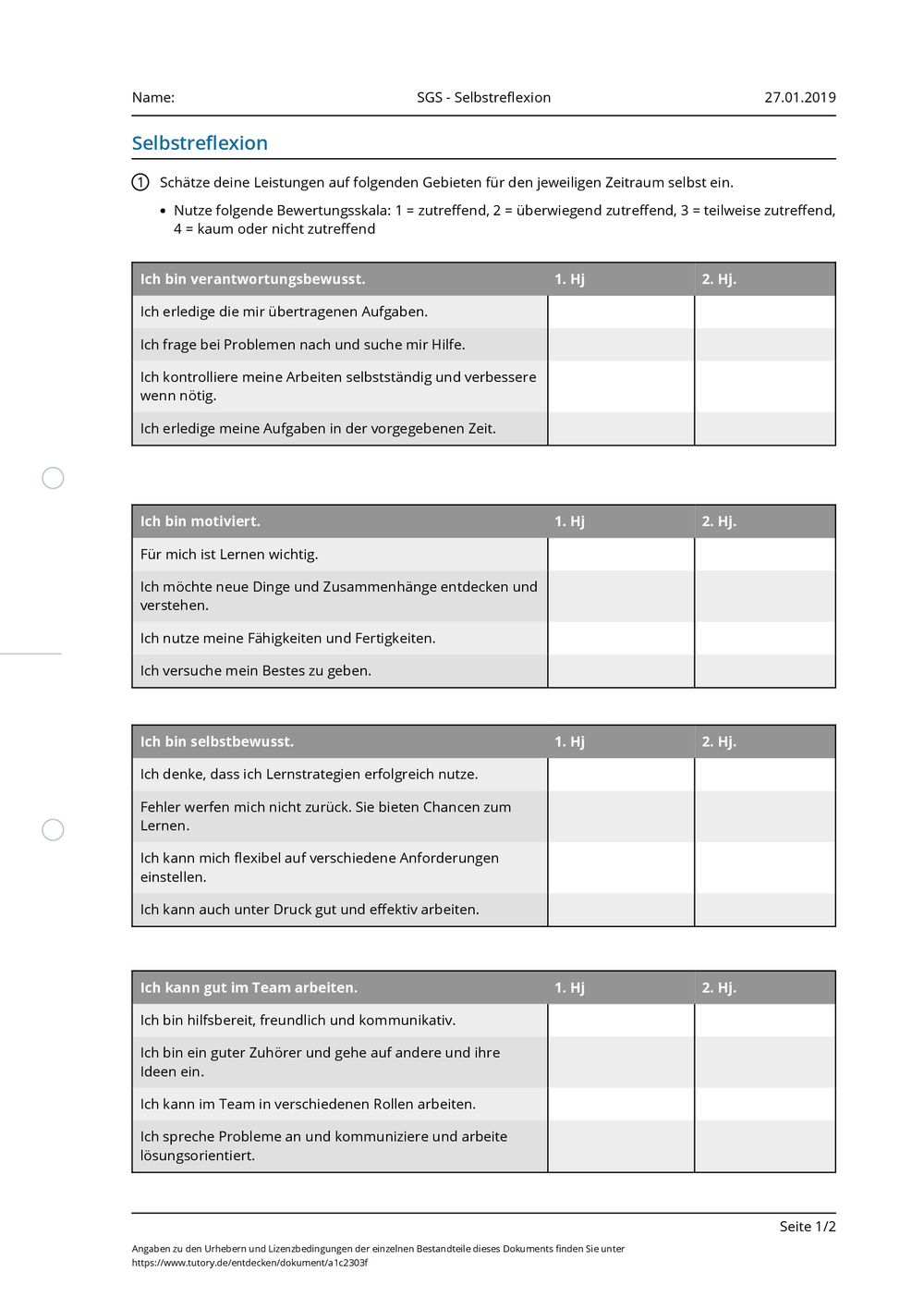 Arbeitsblatt - SGS - Selbstreflexion - tutory.de