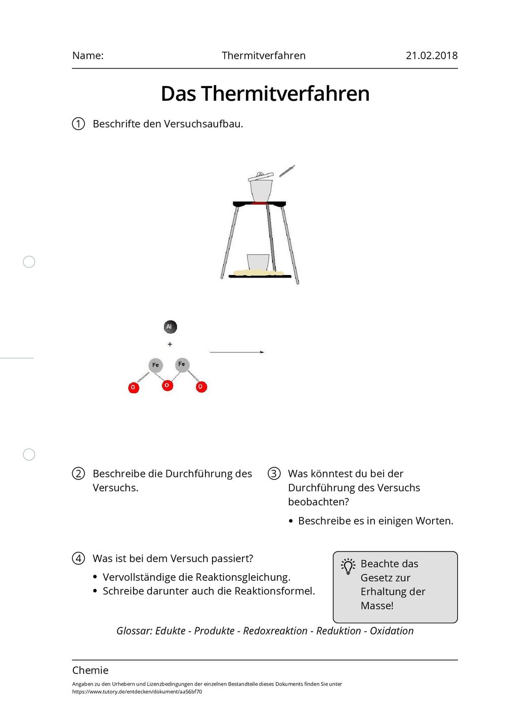 Arbeitsblatt - Thermitverfahren - Chemie - Mittlere Reife ...