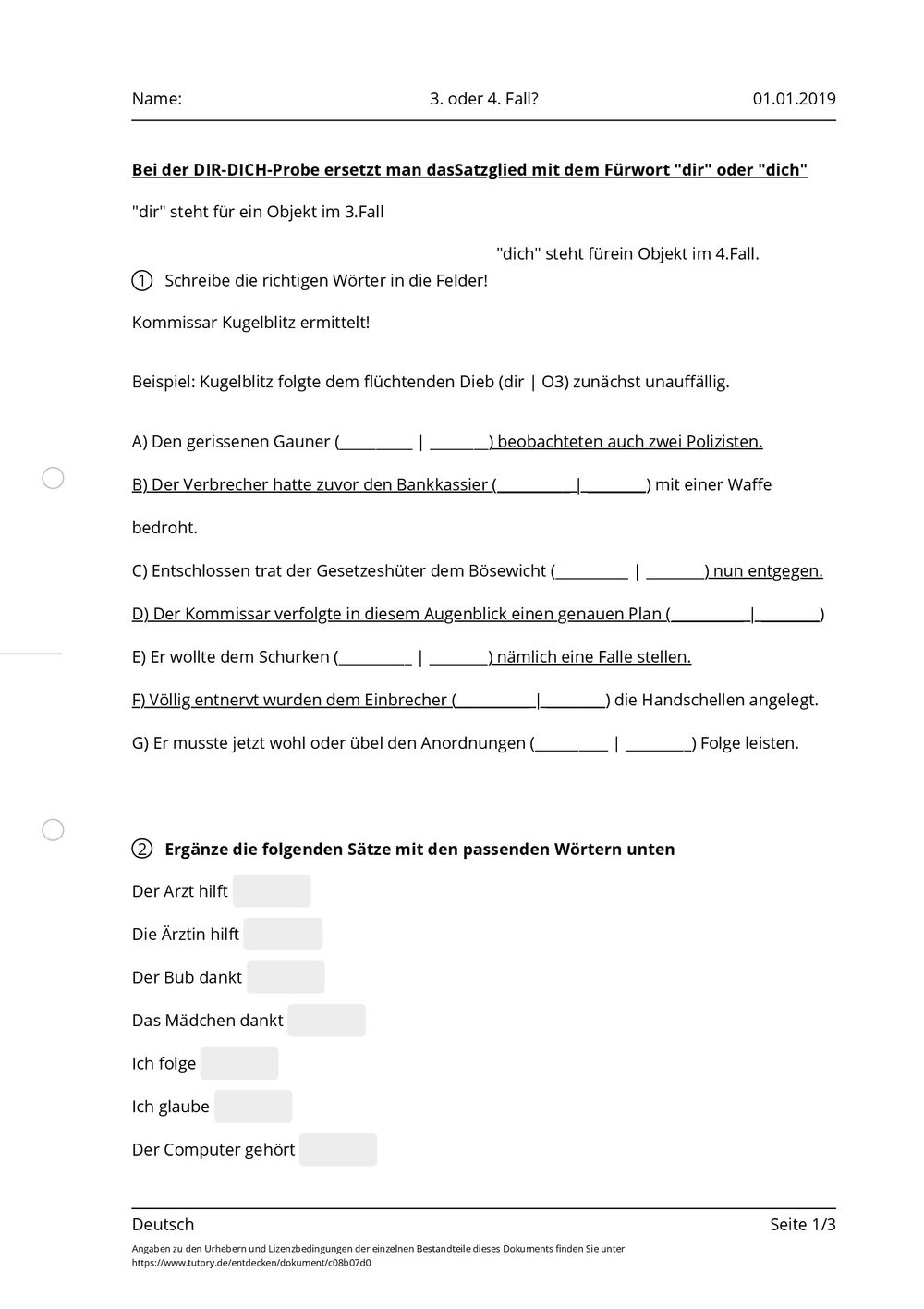 Arbeitsblatt - 3. oder 4. Fall? - Deutsch - tutory.de