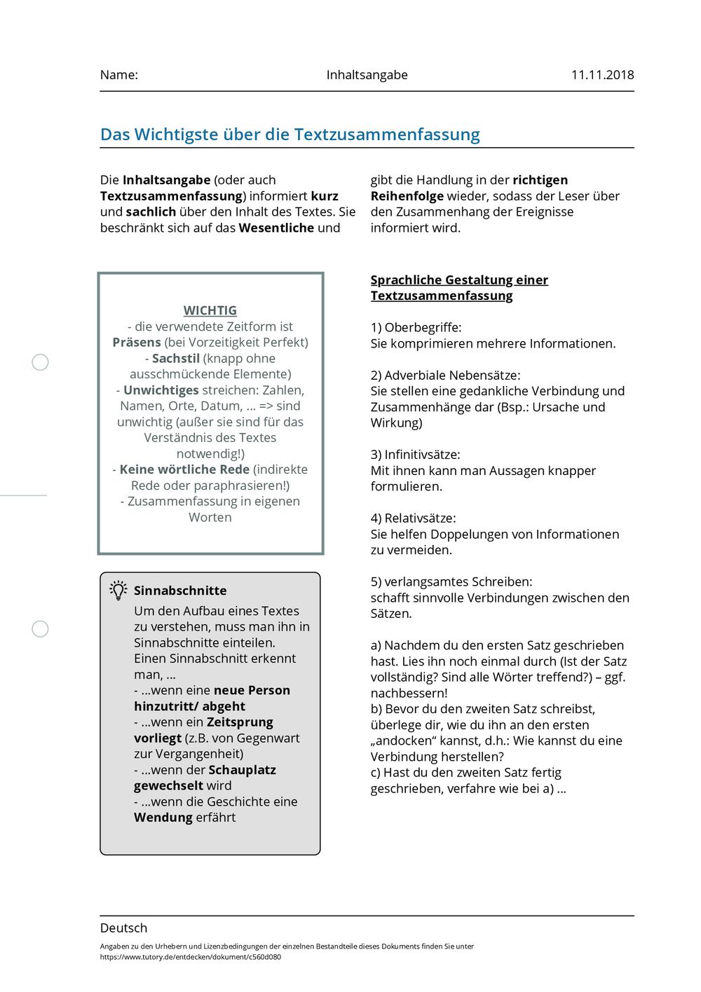 Arbeitsblatt - Inhaltsangabe - Deutsch - Mittlere Reife - tutory.de