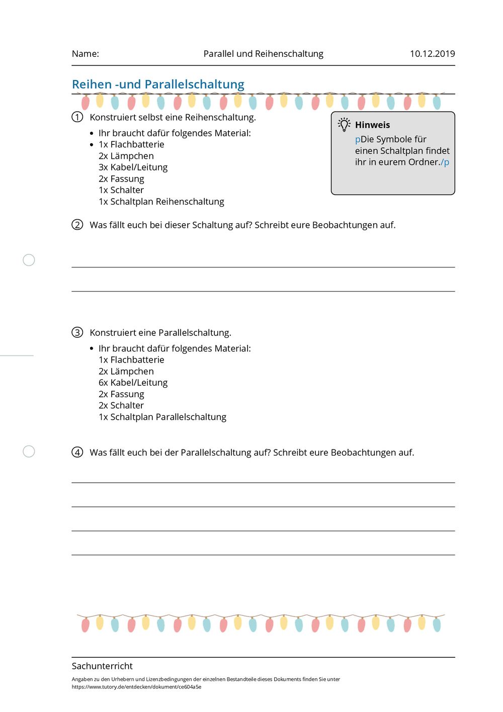 Arbeitsblatt - Parallel und Reihenschaltung - Sachunterricht - tutory.de