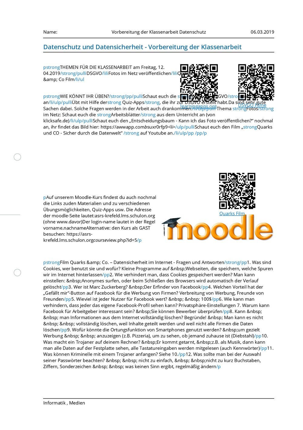  Arbeitsblatt  Vorbereitung der Klassenarbeit Datenschutz  