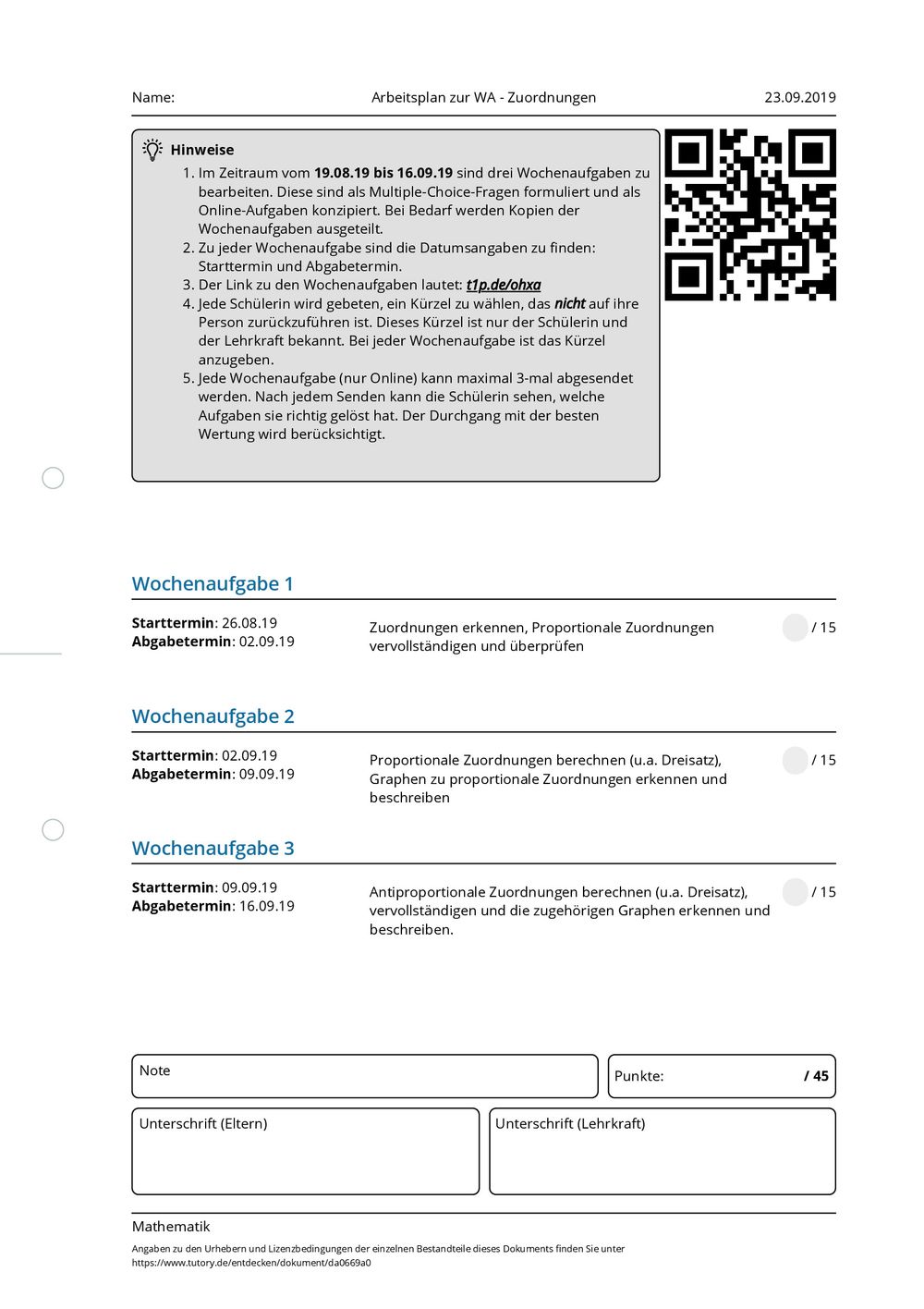Arbeitsblatt - Arbeitsplan zur WA - Zuordnungen ...