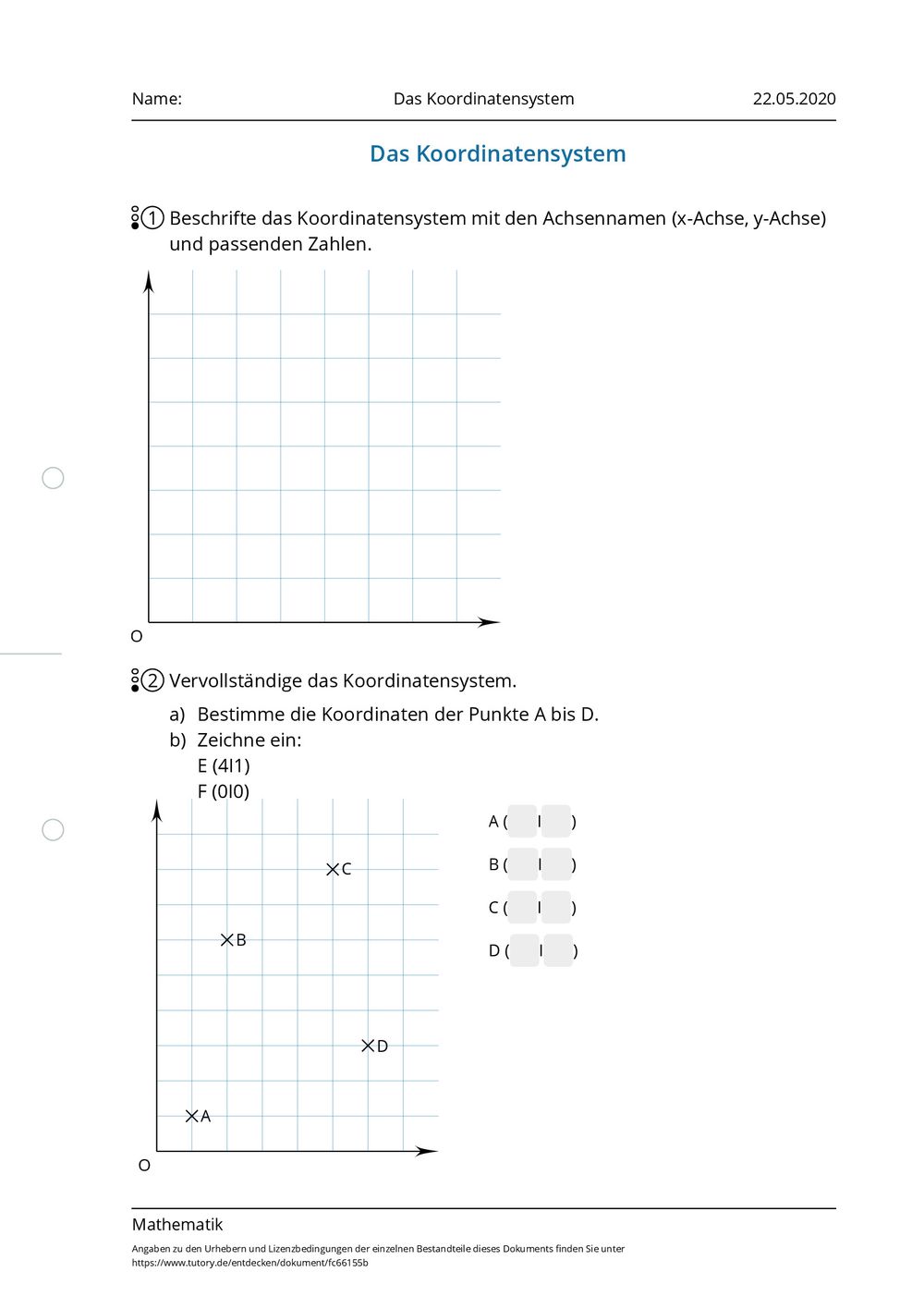 Arbeitsblatt - Das Koordinatensystem - Mathematik - tutory.de