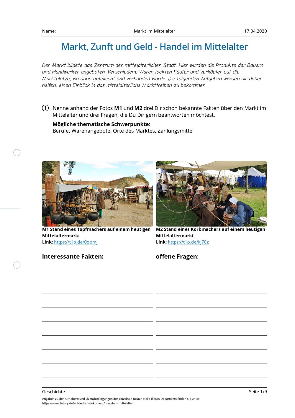 Arbeitsblatt Markt im Mittelalter Geschichte tutory.de