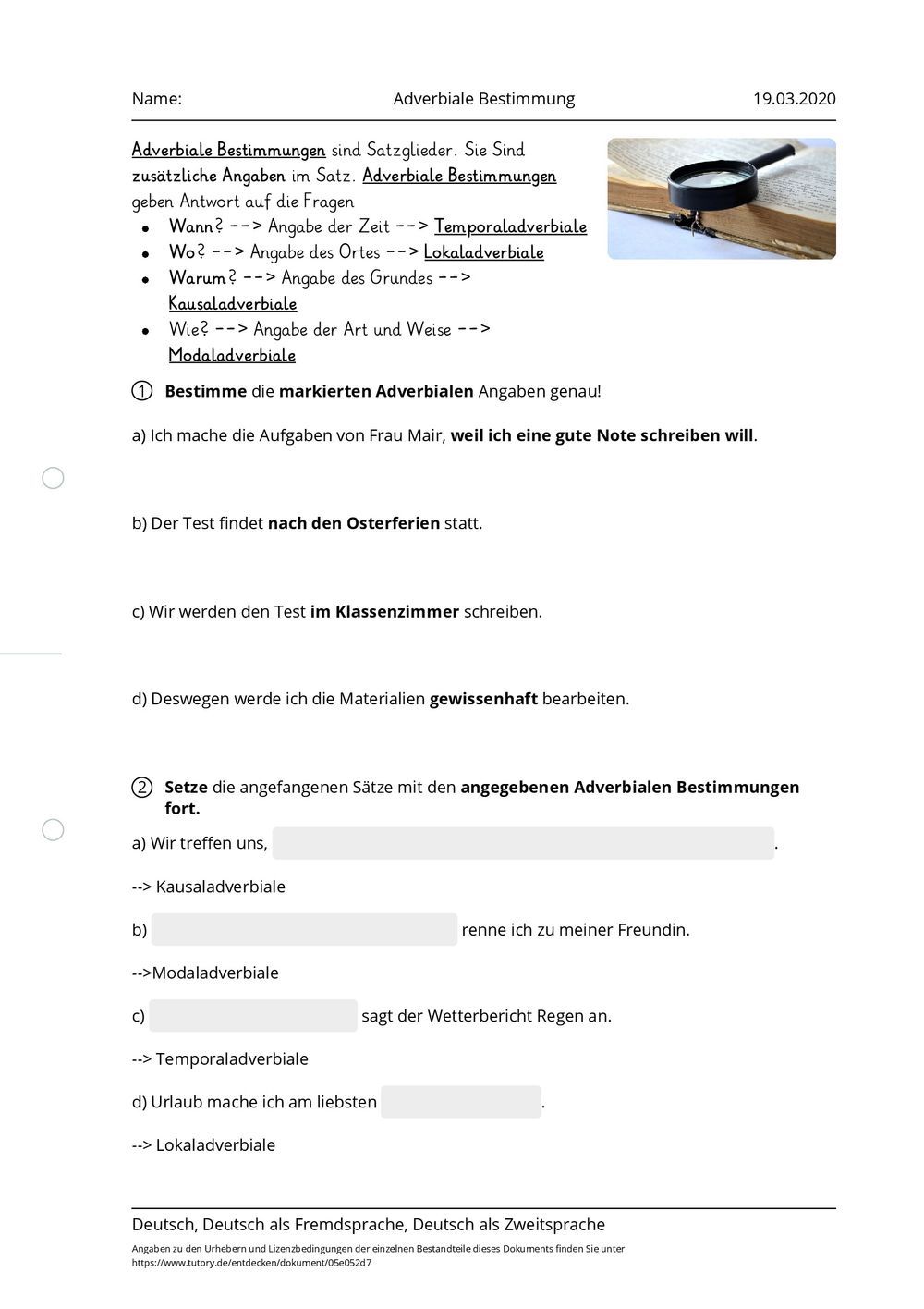 Arbeitsblatt - Adverbiale Bestimmung - Deutsch & Deutsch als