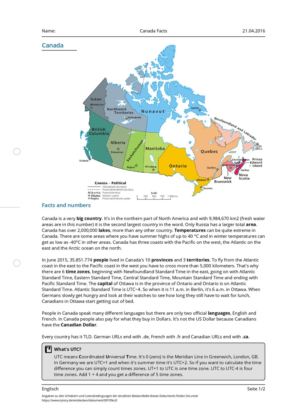 Arbeitsblatt - Canada Facts - Englisch - Mittlere Reife - tutory.de
