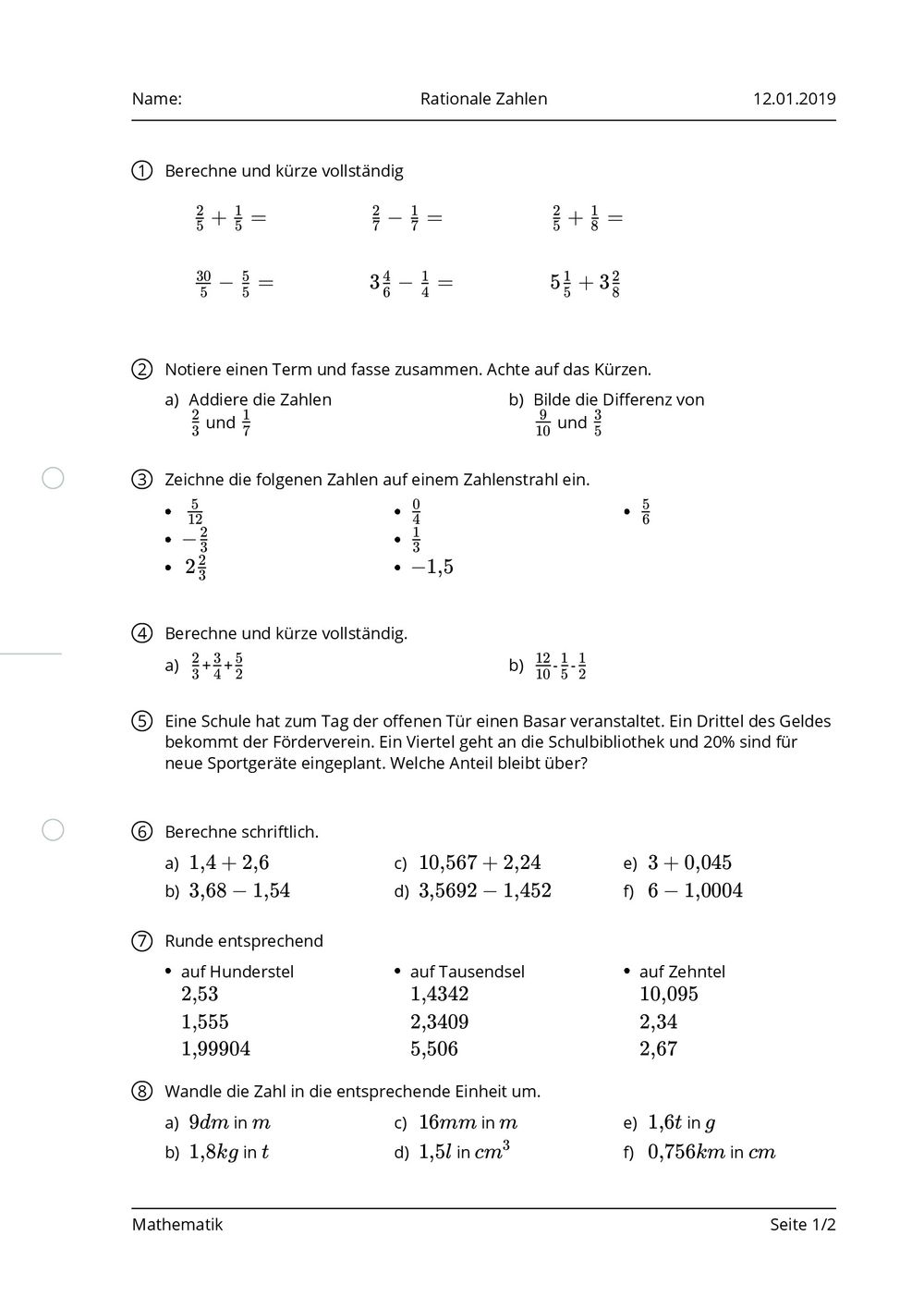 Arbeitsblatt - Rationale Zahlen - Mathematik - Mittlere Reife - tutory.de