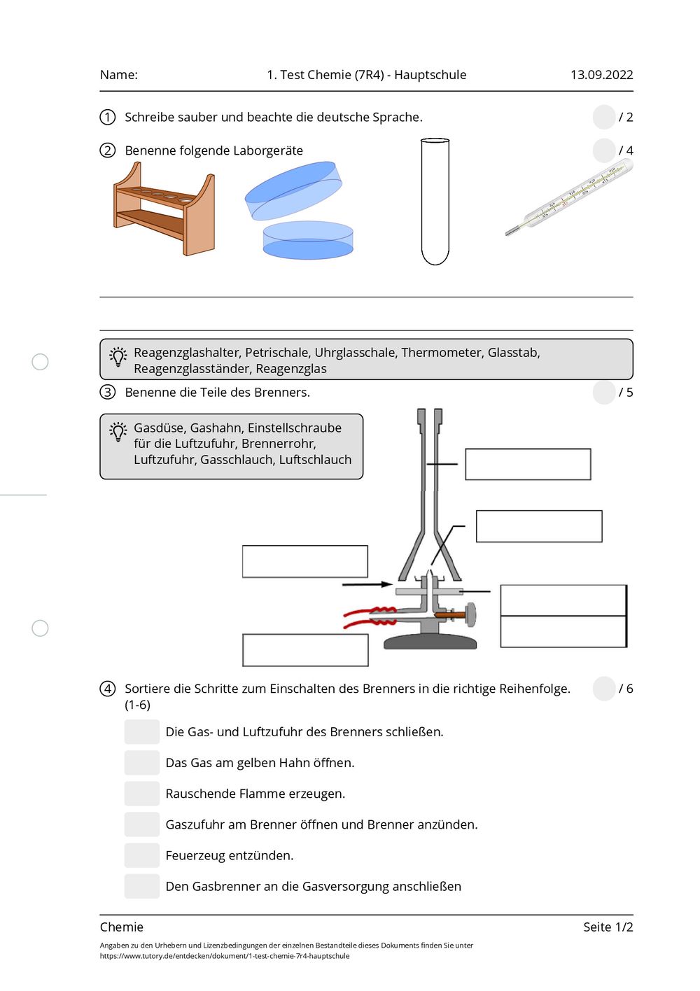 Test Z Chemi Klasa 7 Arbeitsblatt - 1. Test Chemie (7R4) - Hauptschule - Chemie - tutory.de
