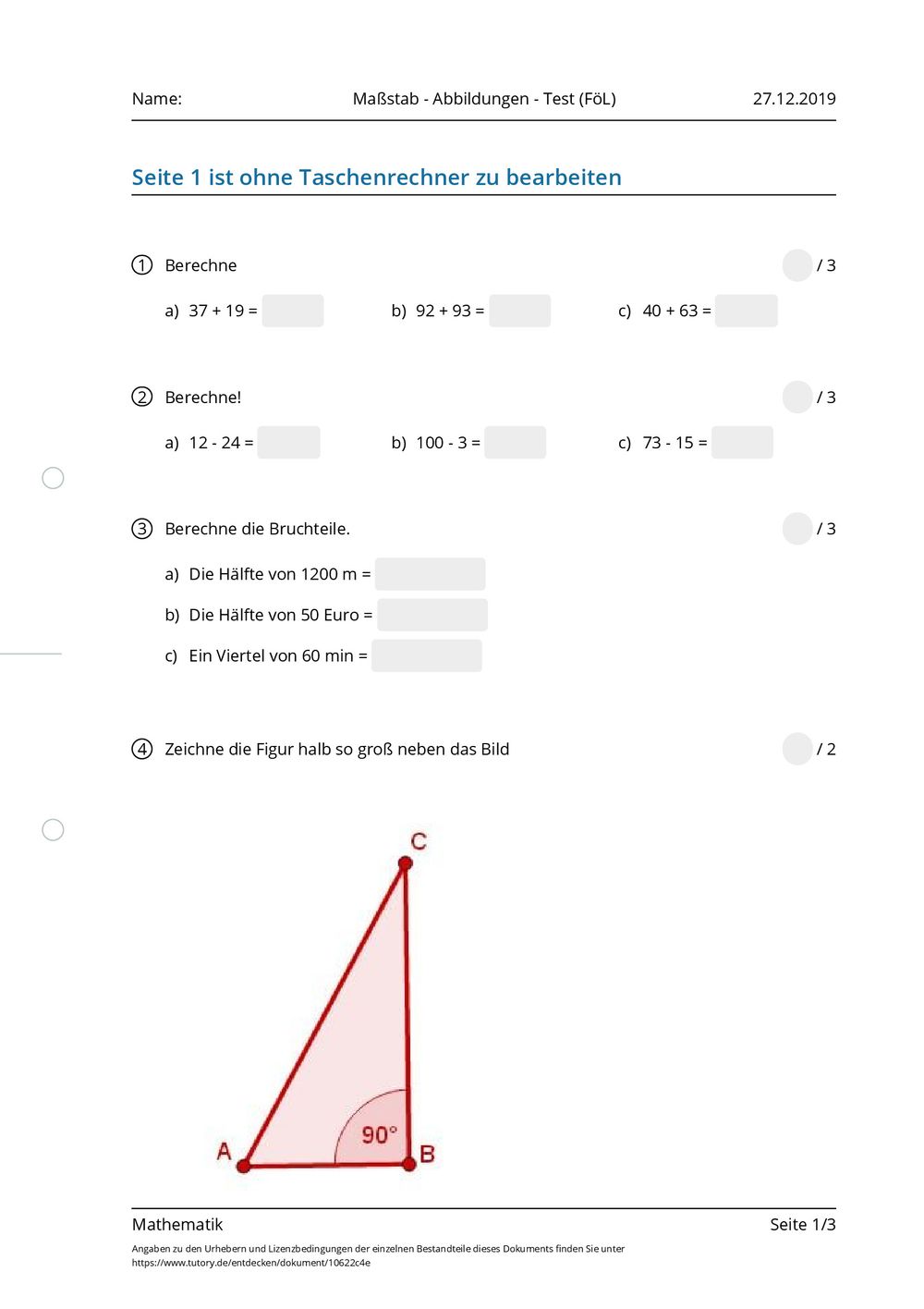 Arbeitsblatt - Maßstab - Abbildungen - Test (FöL) - Mathematik - tutory.de