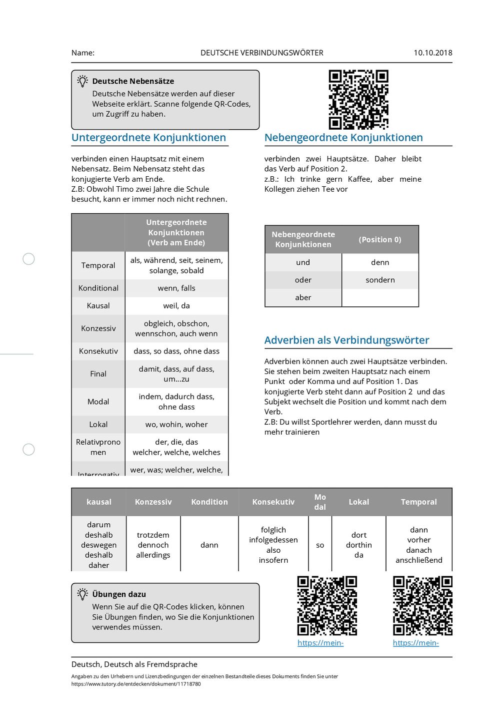 Arbeitsblatt - DEUTSCHE VERBINDUNGSWÖRTER - Deutsch & Deutsch als