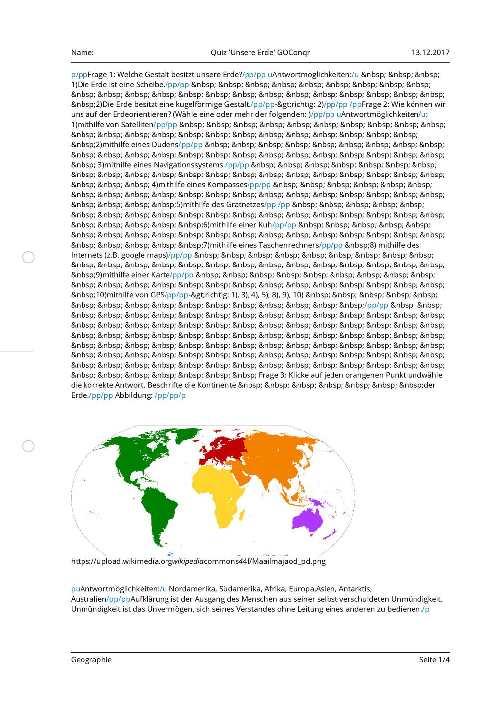 Arbeitsblatt - Quiz &lsquo;Unsere Erde&rsquo; GOConqr - Geographie - tutory.de