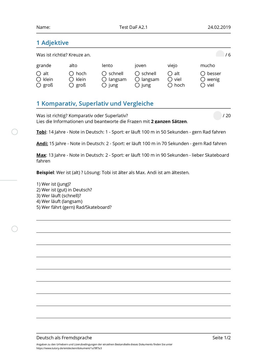 Arbeitsblatt Test DaF A2.1 Deutsch als Fremdsprache tutory.de