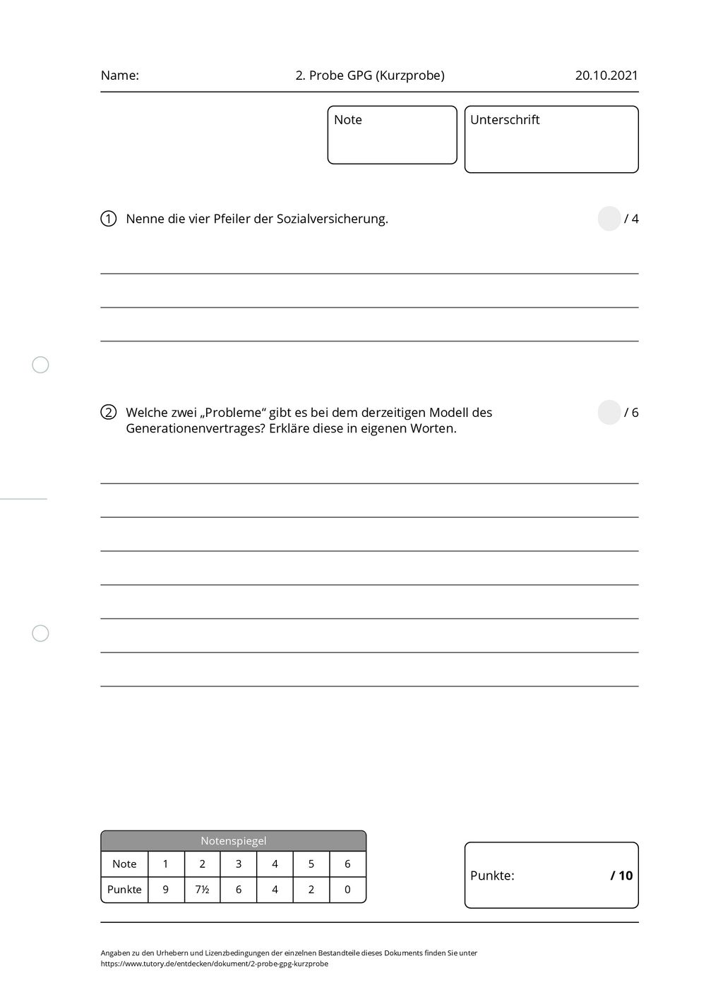 Arbeitsblatt - 2. Probe GPG (Kurzprobe) - tutory.de