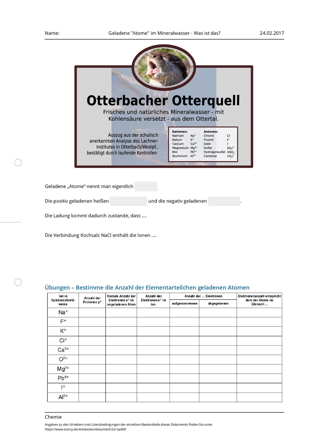 Arbeitsblatt Geladene "Atome" im Mineralwasser Was ist das? Chemie Allgemeine