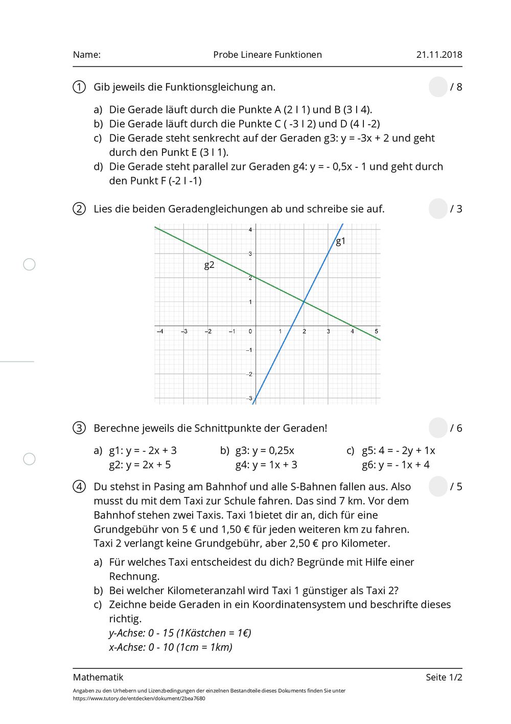 Arbeitsblatt probe lineare funktionen mathematik tutory de
