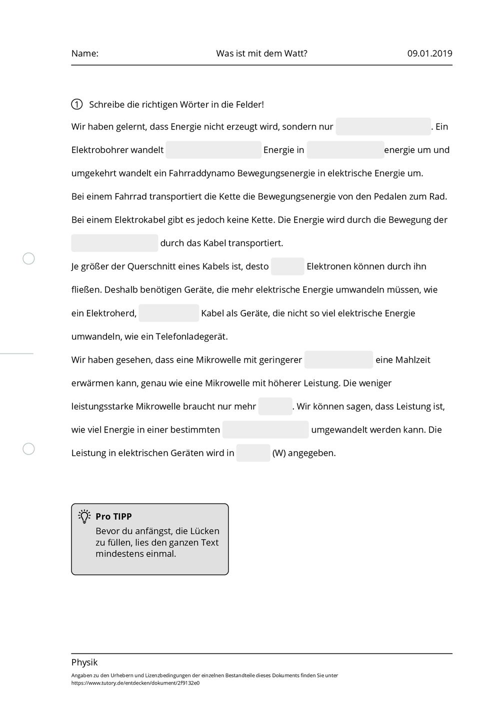Arbeitsblatt Was ist mit dem Watt? Physik Mittlere Reife tutory.de