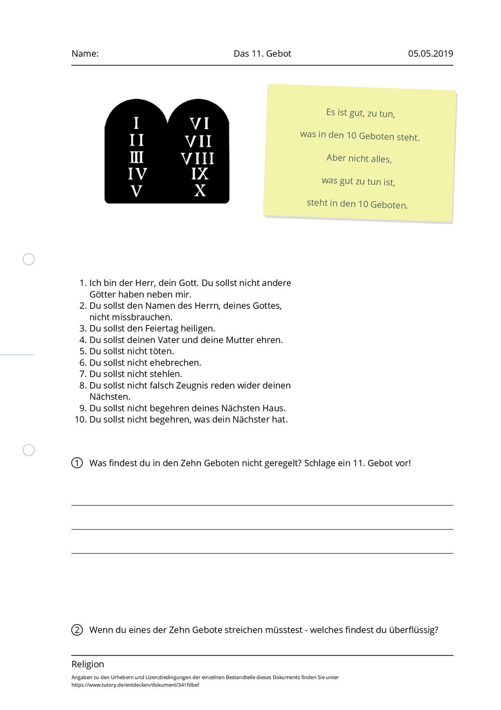 Arbeitsblatt - Das 11. Gebot - Religion - tutory.de