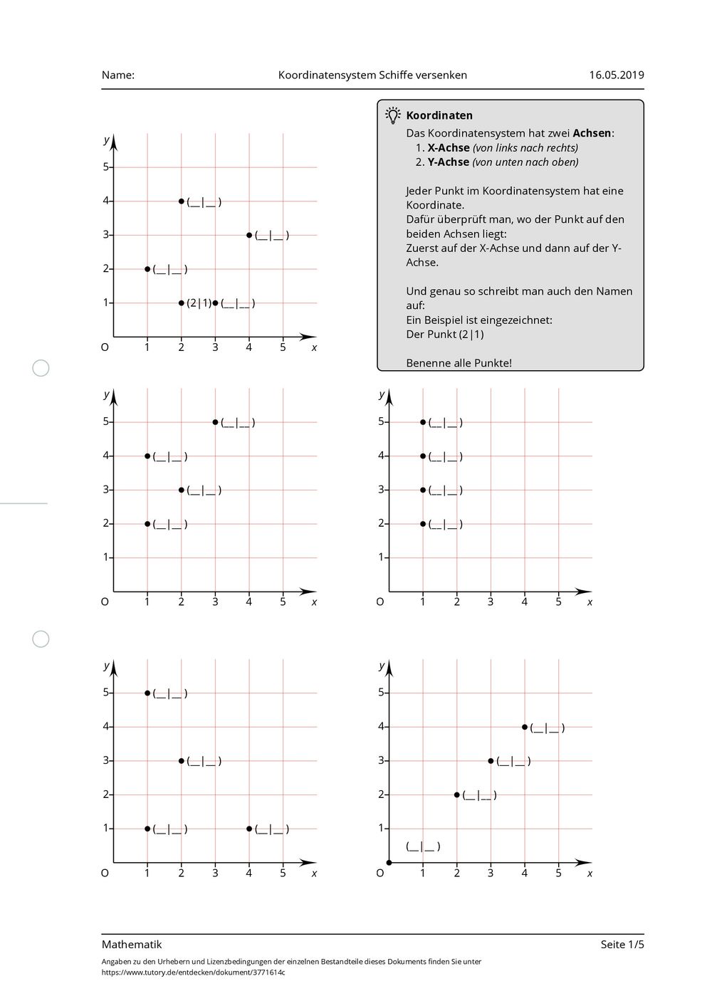 Arbeitsblatt - Koordinatensystem Schiffe versenken - Mathematik - tutory.de