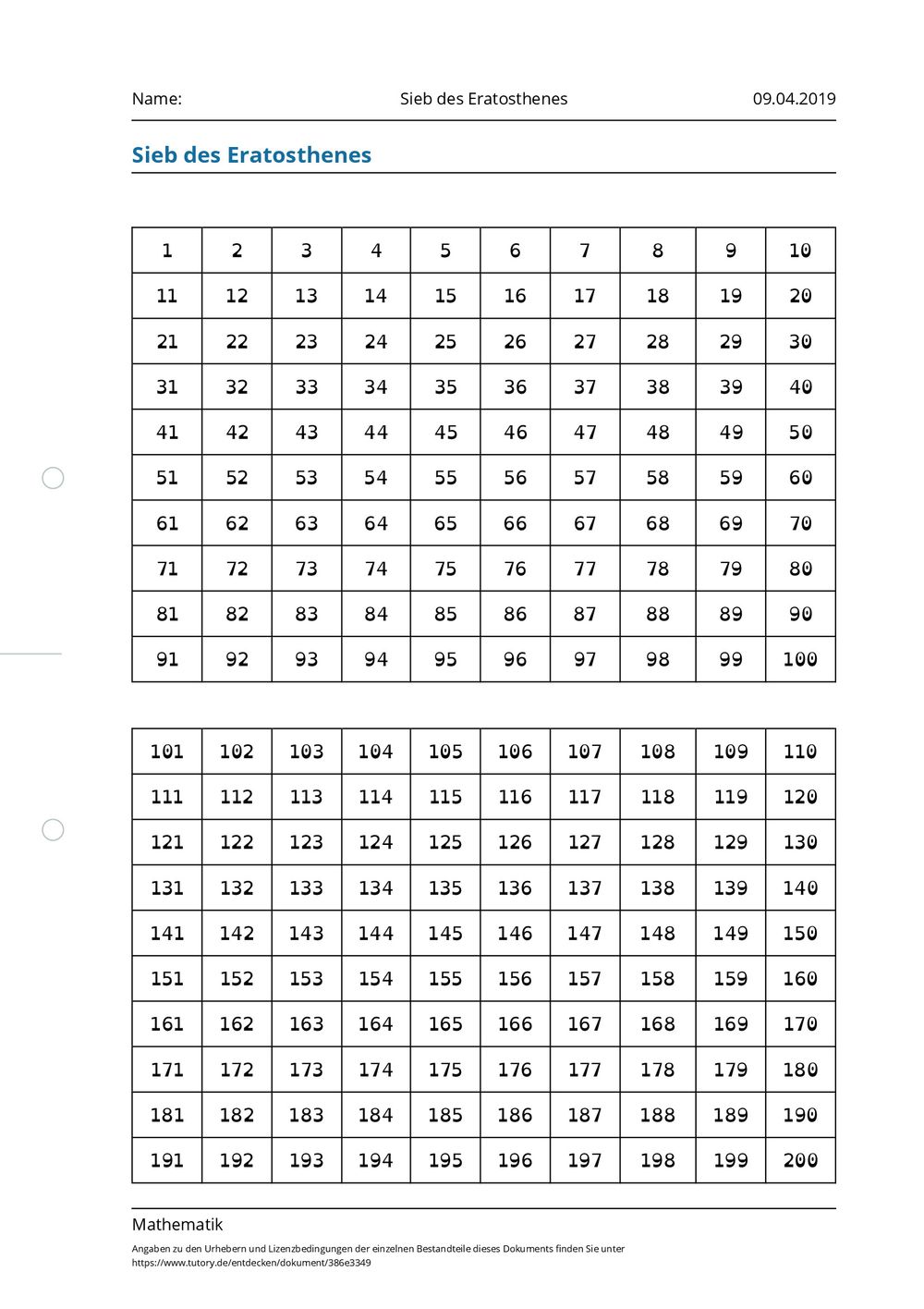 Arbeitsblatt Sieb des Eratosthenes Mathematik tutory.de