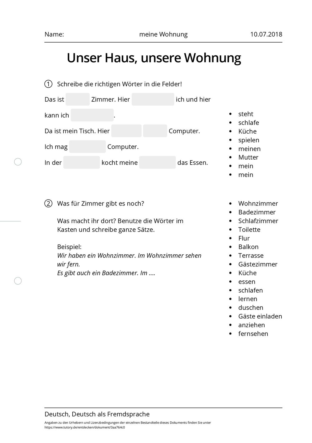 Arbeitsblatt - meine Wohnung - Deutsch & Deutsch als Fremdsprache - tutory.de