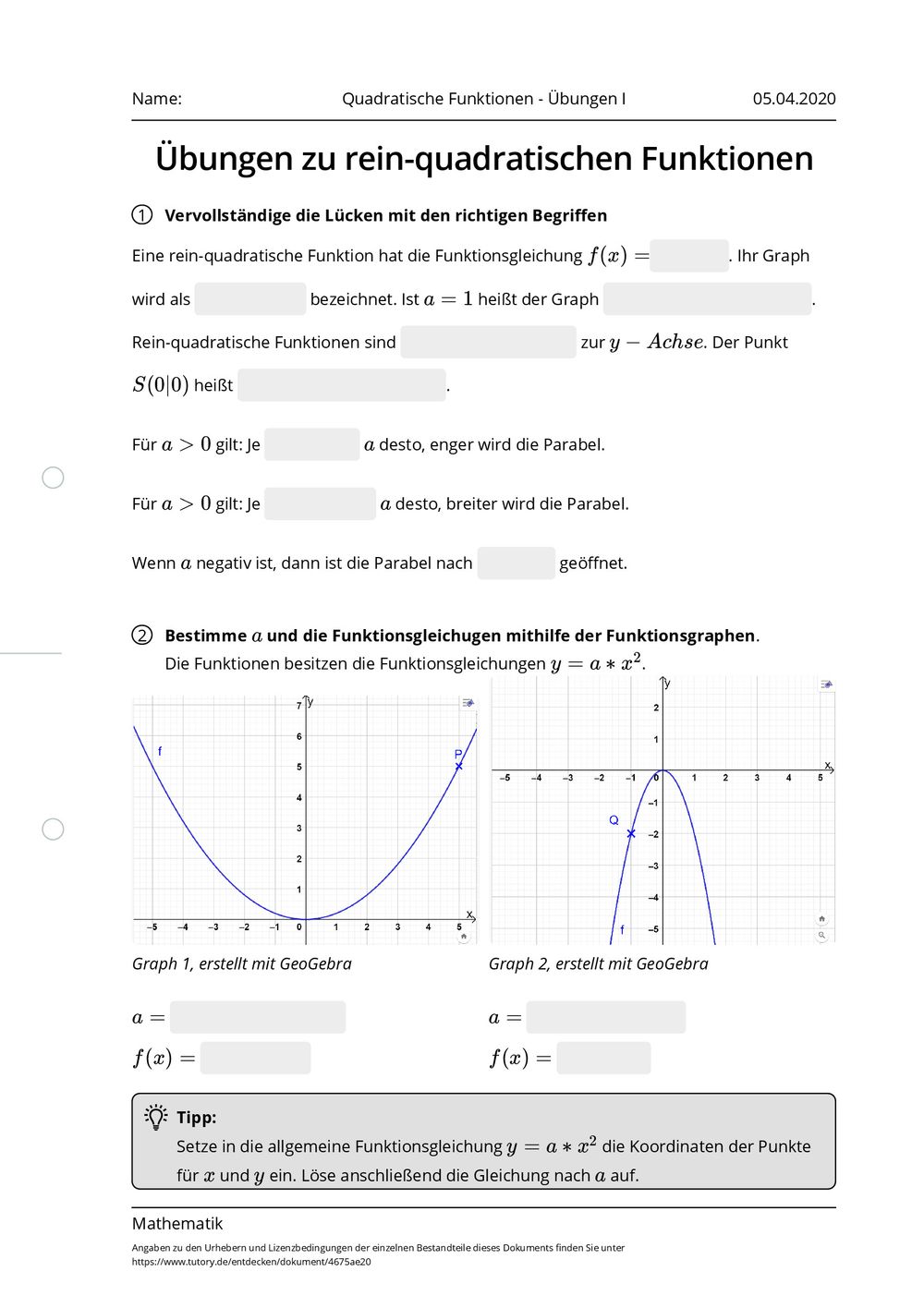 Quadratische Funktionen übungen Mit Lösungen Pdf Arbeitsblatt - Quadratische Funktionen - Übungen I - Mathematik - tutory.de