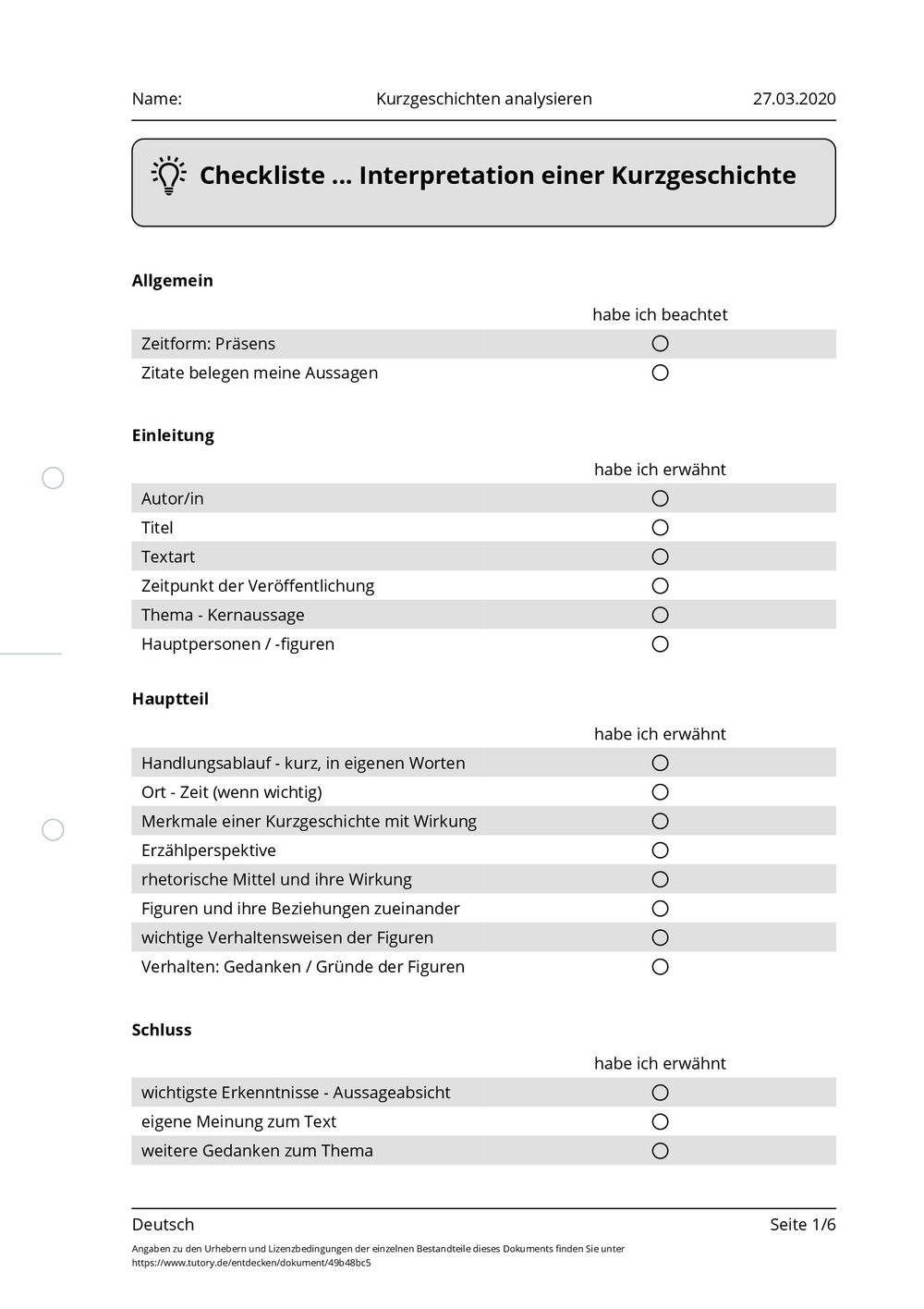 Arbeitsblatt Kurzgeschichten analysieren Deutsch tutory.de
