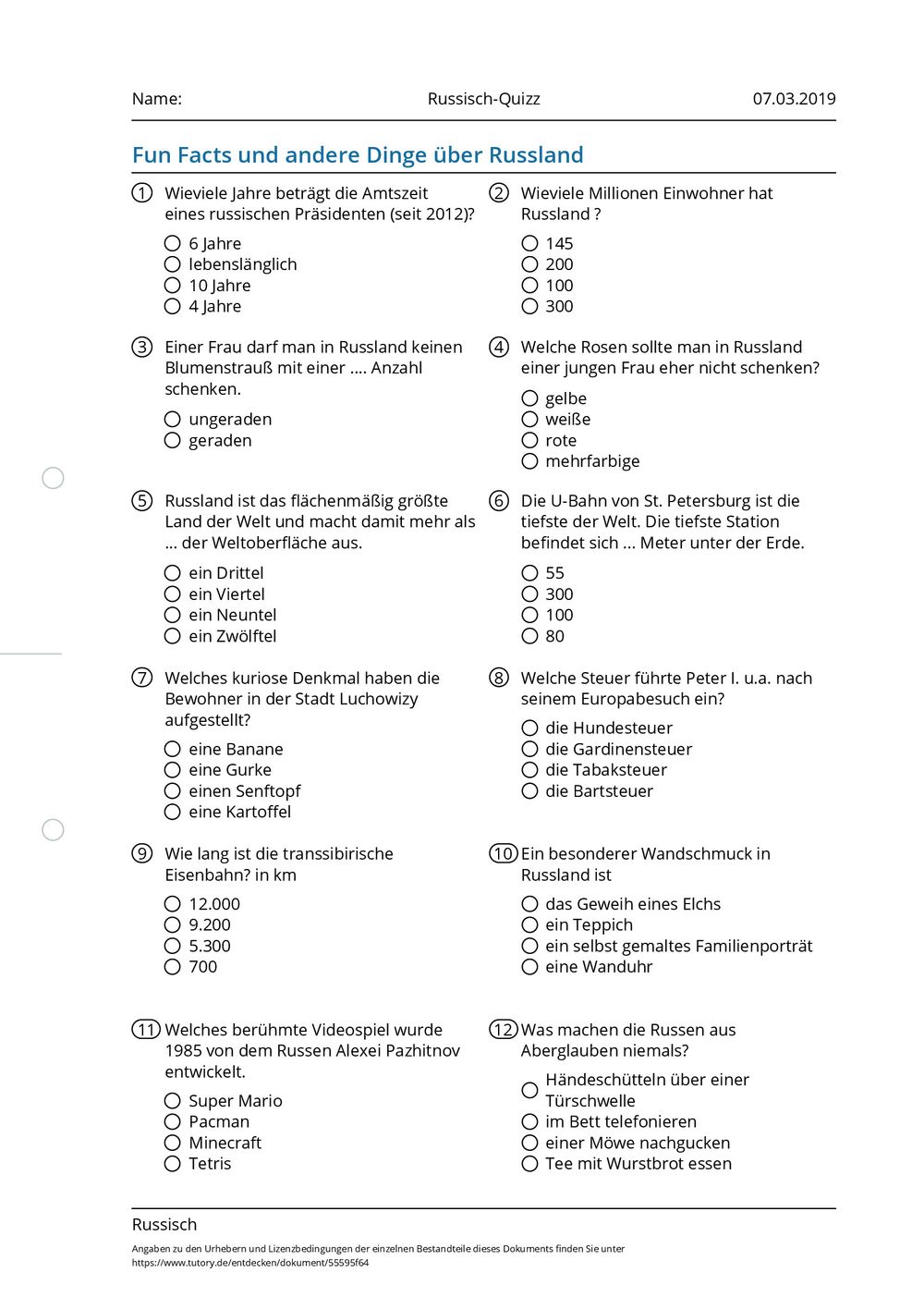 Arbeitsblatt - Russisch-Quizz - Russisch - Allgemeine Hochschulreife ...
