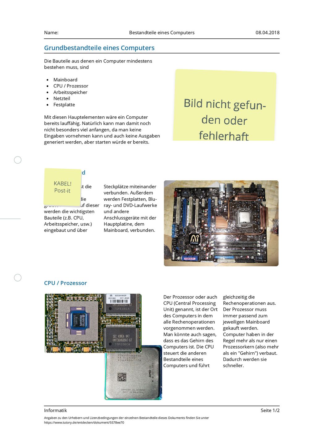Bestandteile Eines Computers Einfach Erklärt Arbeitsblatt - Bestandteile eines Computers - Informatik - Mittlere