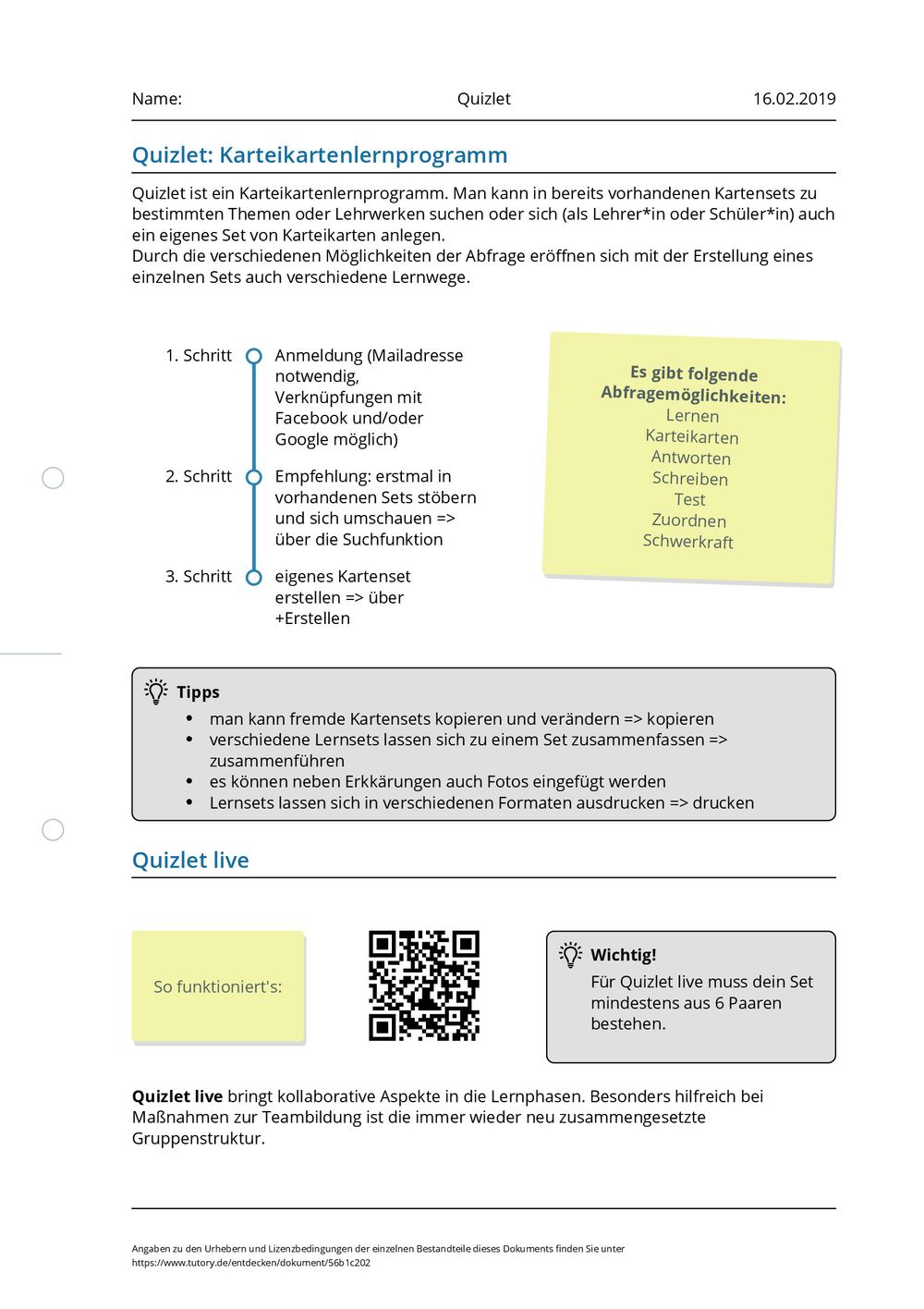 Arbeitsblatt - Quizlet - Allgemeine Hochschulreife - tutory.de
