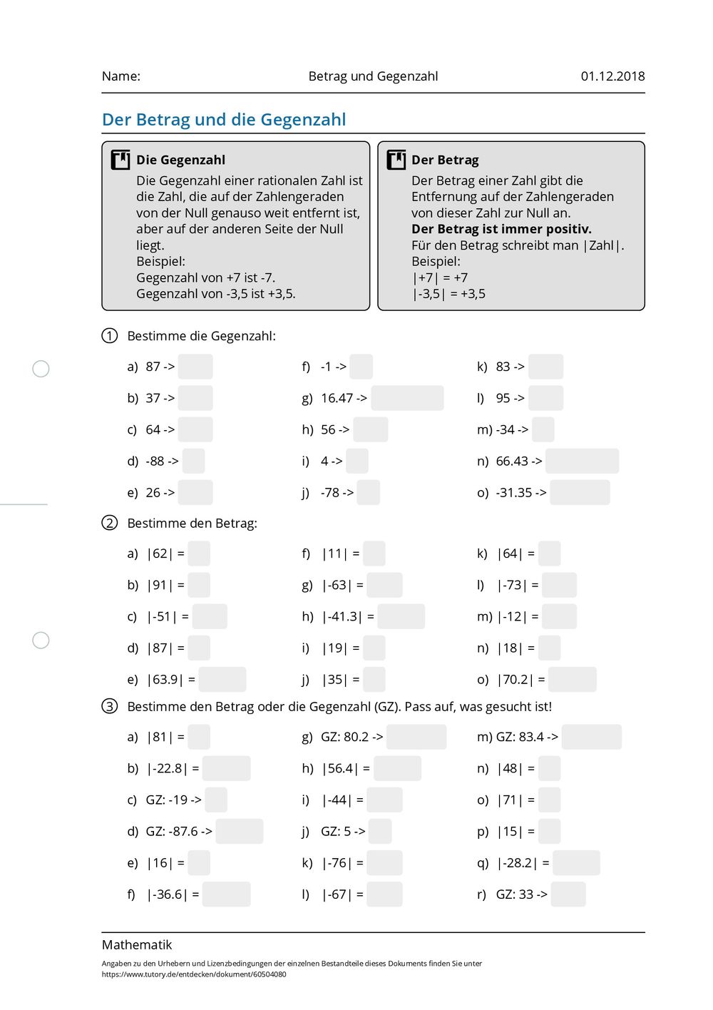 Arbeitsblatt - Betrag und Gegenzahl - Mathematik - tutory.de