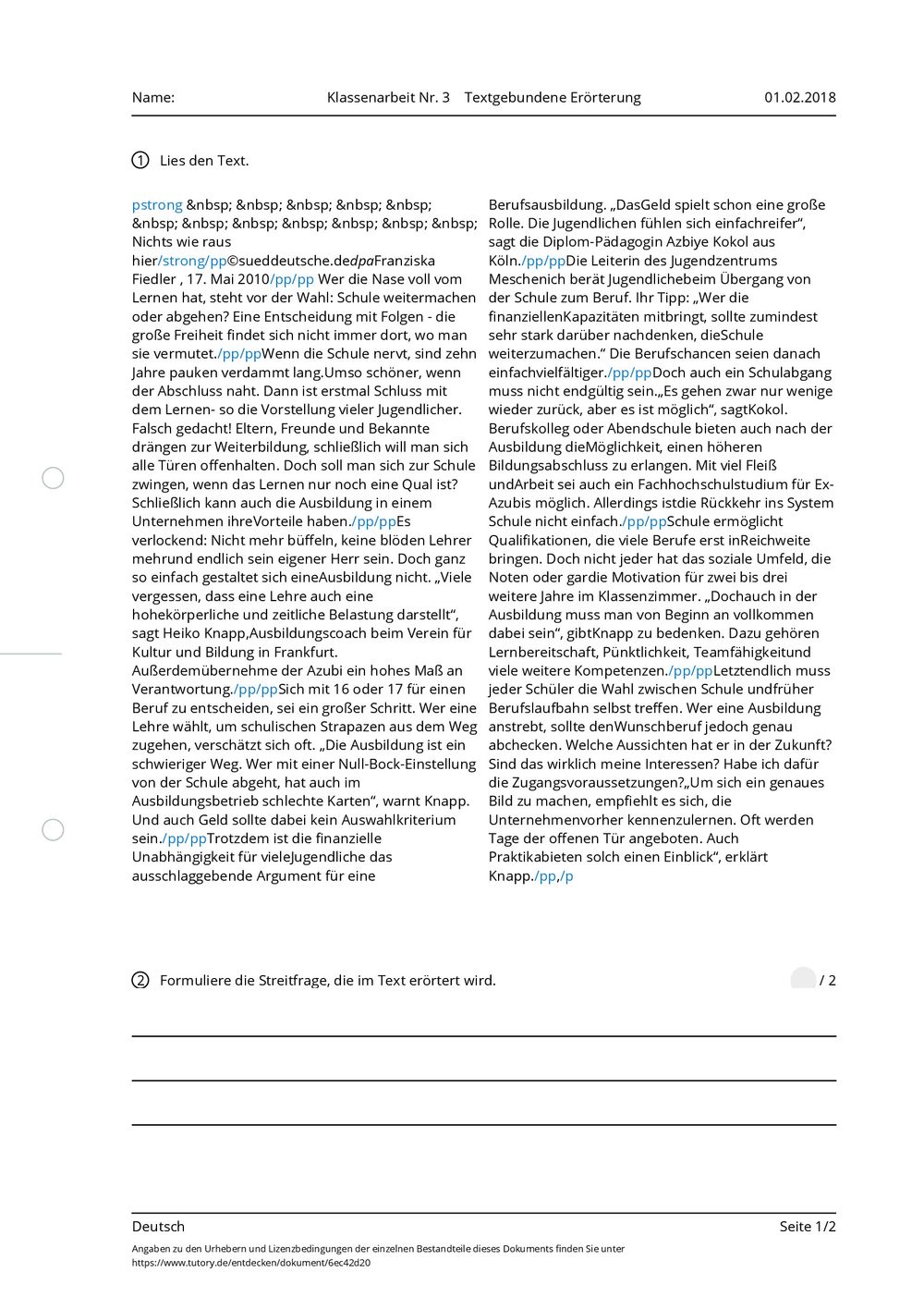 Textgebundene Erörterung Texte Zum üben Klasse 9 Arbeitsblatt - Klassenarbeit Nr. 3 Textgebundene Erörterung - Deutsch
