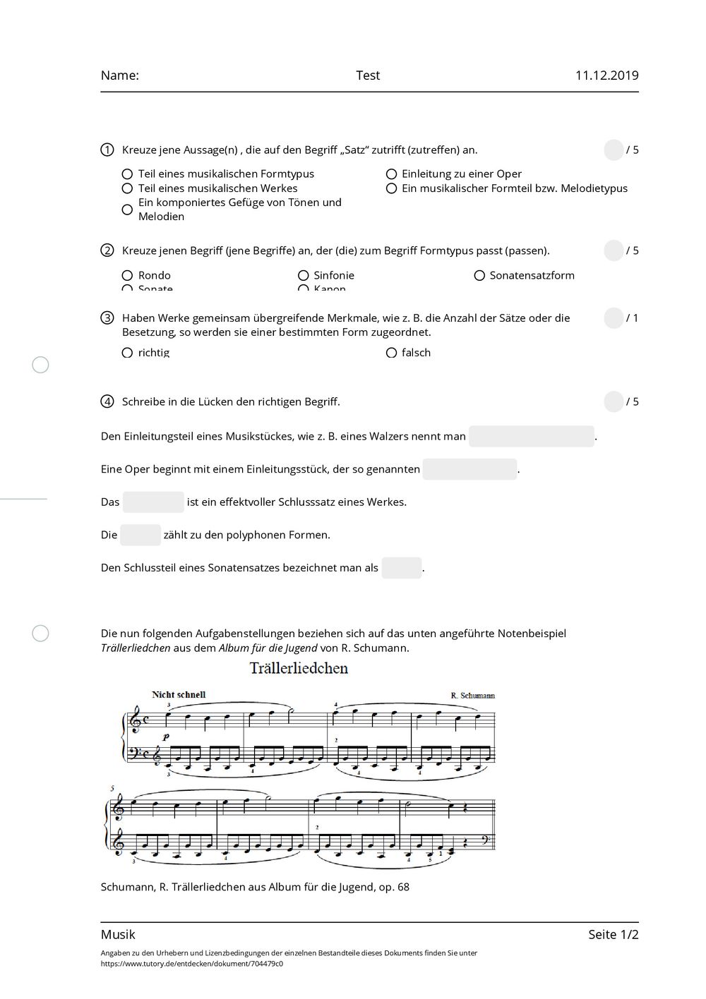 Arbeitsblatt - Test - Musik - tutory.de
