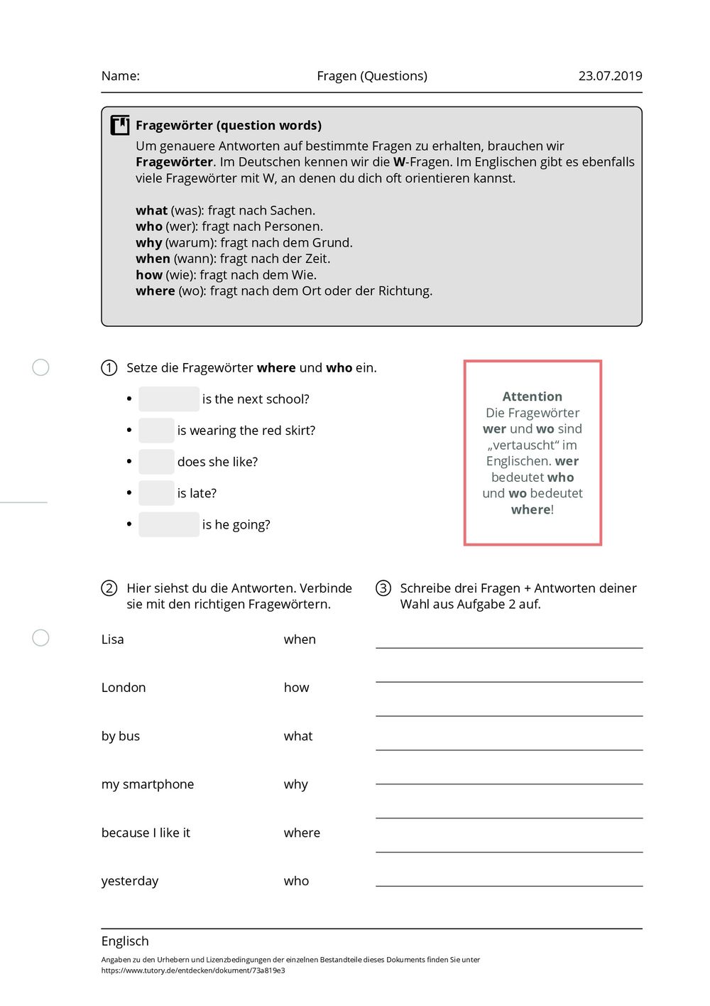 Arbeitsblatt - Fragen (Questions) - Englisch - tutory.de