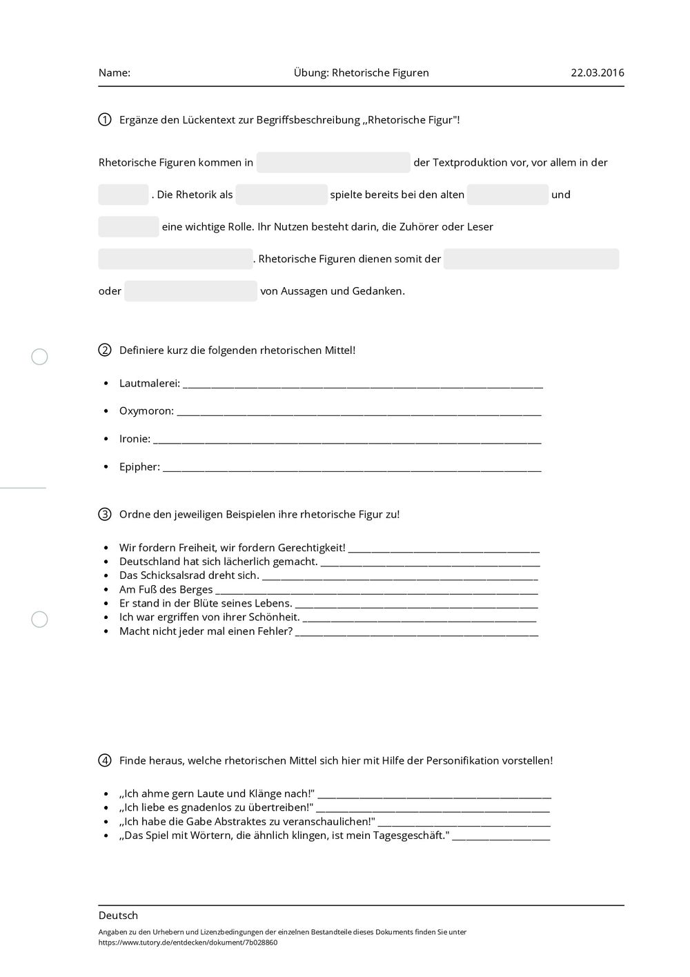 Rhetorische Stilmittel übungen Mit Lösungen Pdf Arbeitsblatt - Übung: Rhetorische Figuren - Deutsch - Allgemeine