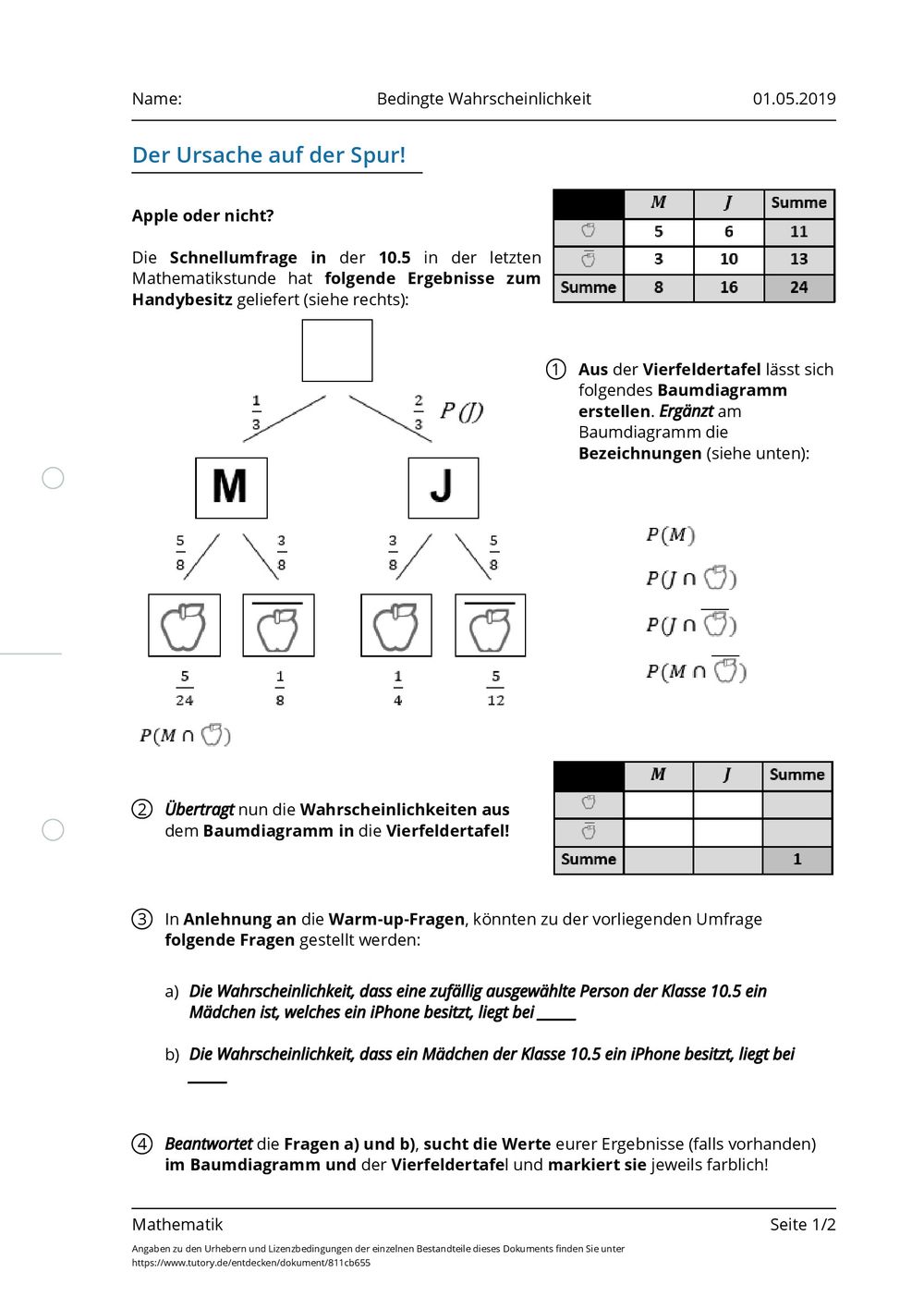 Aufgaben Zu Wahrscheinlichkeitsrechnung Mit Lösung Arbeitsblatt - Bedingte Wahrscheinlichkeit - Mathematik - tutory.de