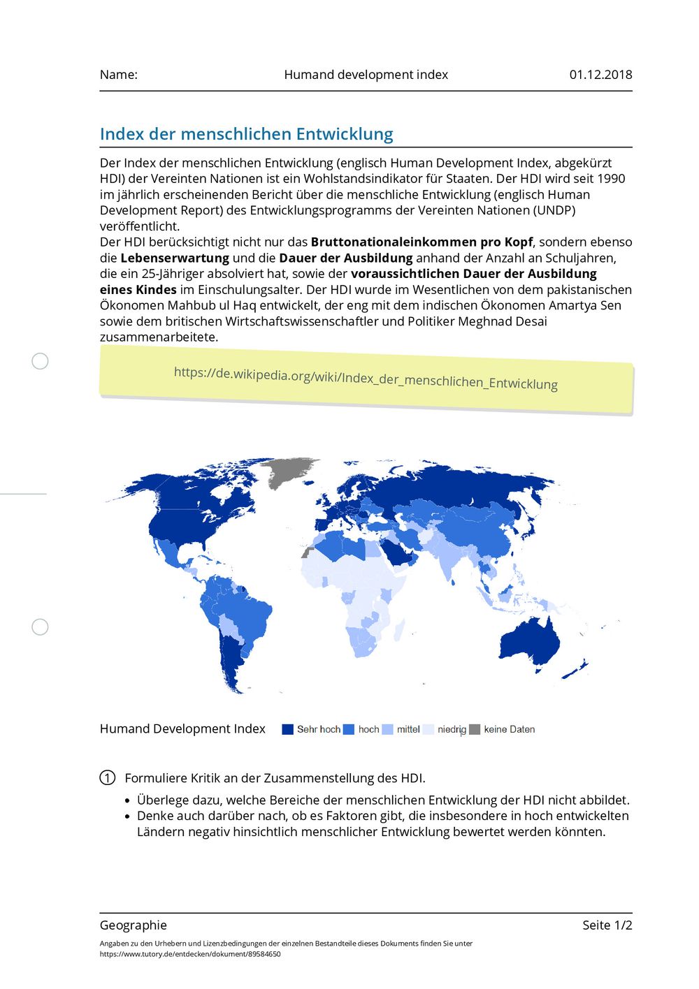 Arbeitsblatt Humand development index Geographie Allgemeine Hochschulreife tutory.de