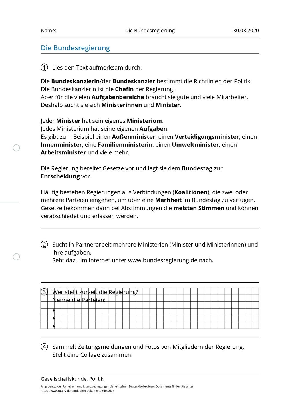 Arbeitsblatt - Die Bundesregierung - Gesellschaftskunde & Politik - tutory.de