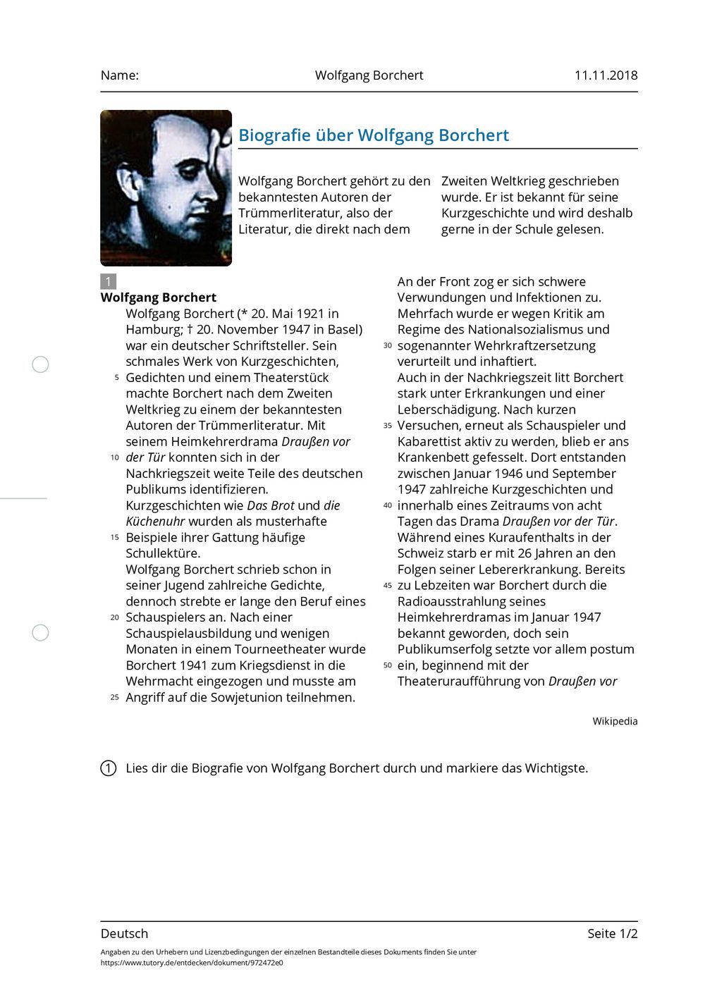 Arbeitsblatt Wolfgang Borchert Deutsch Mittlere Reife tutory.de