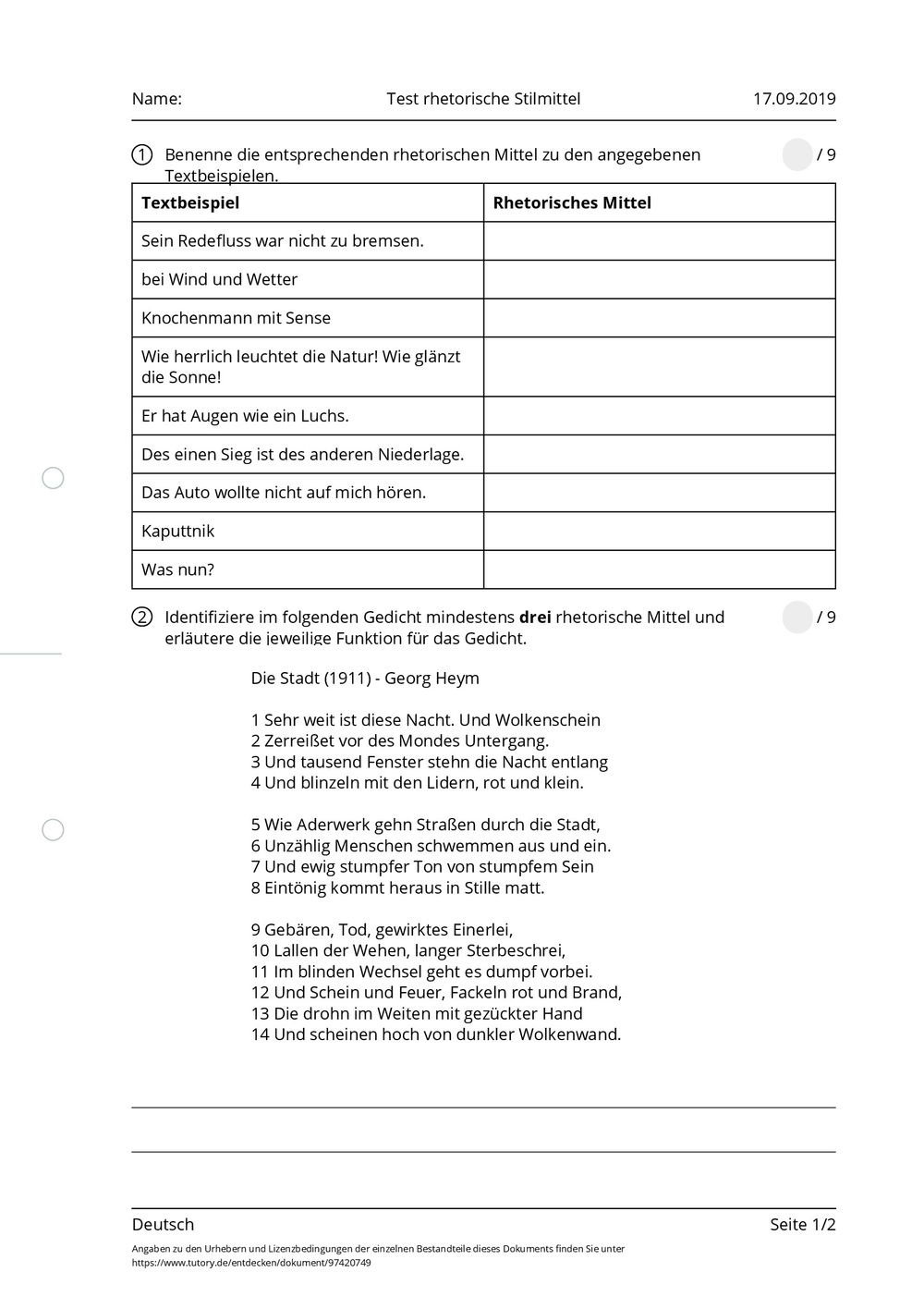 Arbeitsblatt - Test rhetorische Stilmittel - Deutsch - tutory.de