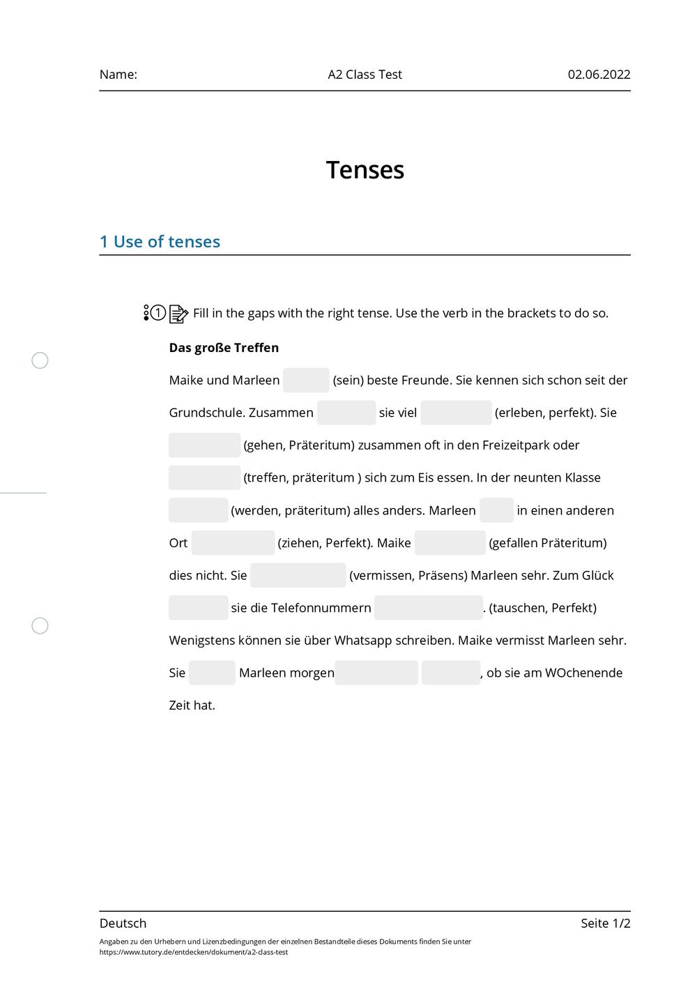 Arbeitsblatt A2 Class Test Deutsch tutory.de